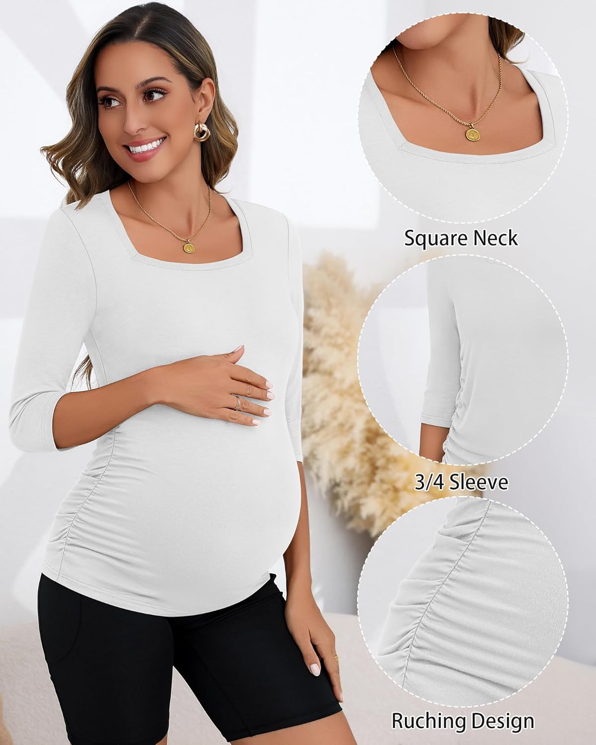 Ficerd 3 Pack Maternity Top 3/4 Sleeve Basic Square Neck Maternity T Shirt Ruched Pregnancy Blouse - Image 6