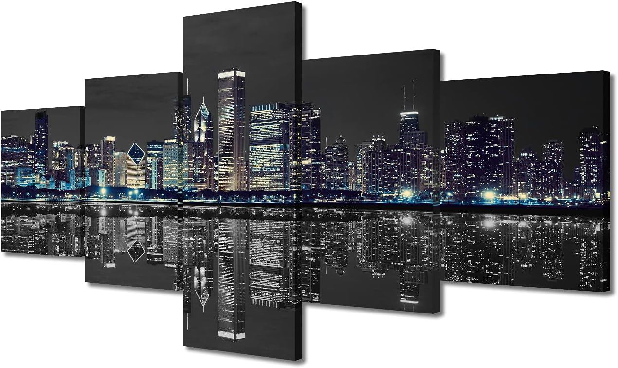 Chicago City Center Skyline Wall Decorations Black and White Wall Art Prints Modern Cityscape Home Decoration for Living Room Chicago Skyline Pictures for Bedroom Framed Ready to Hang (50" W x 24" H) 50''Wx24''H Artwork-03