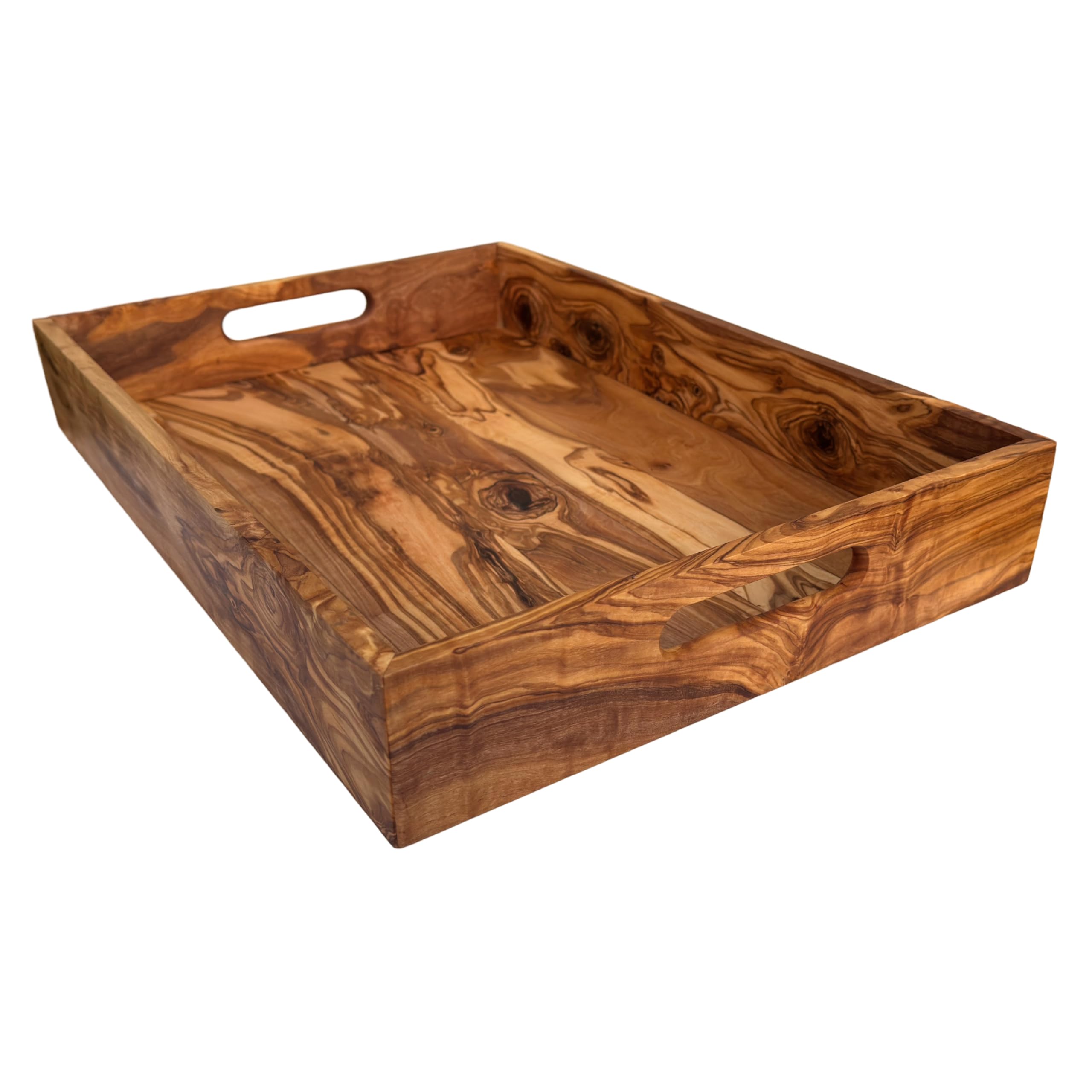 Plateau de service avec 2 poignées « My Home » - 47 x 32 x 7 cm - Plateau rectangulaire en bois d'olivier fait à la main