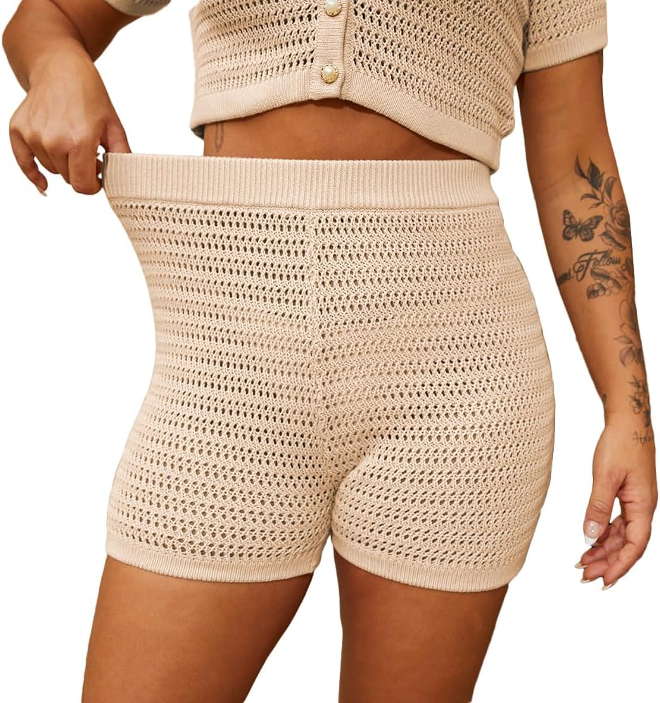 HBQ Womens 2 Piece Crochet Outfits Knit Button Down Shirts Hollow Out See Through Color Block Summer Vacation Short Sets-Block-M - Image 5