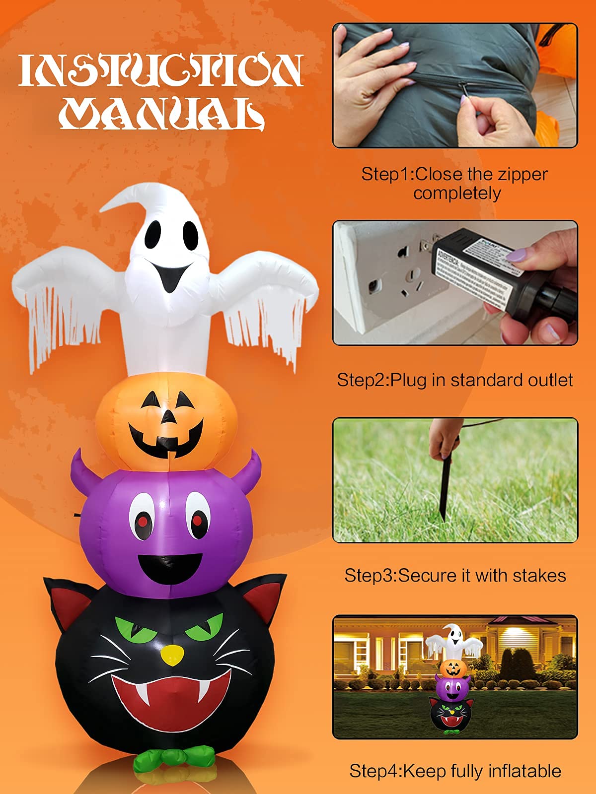 Kalolary 8FT Halloween nadmuchiwana dekoracja duch dynia nietoperz | Nadmuchiwany wystrój Halloween na zewnątrz/wewnątrz, idealny na podwórko, ogród, trawnik, dekorację imprezową