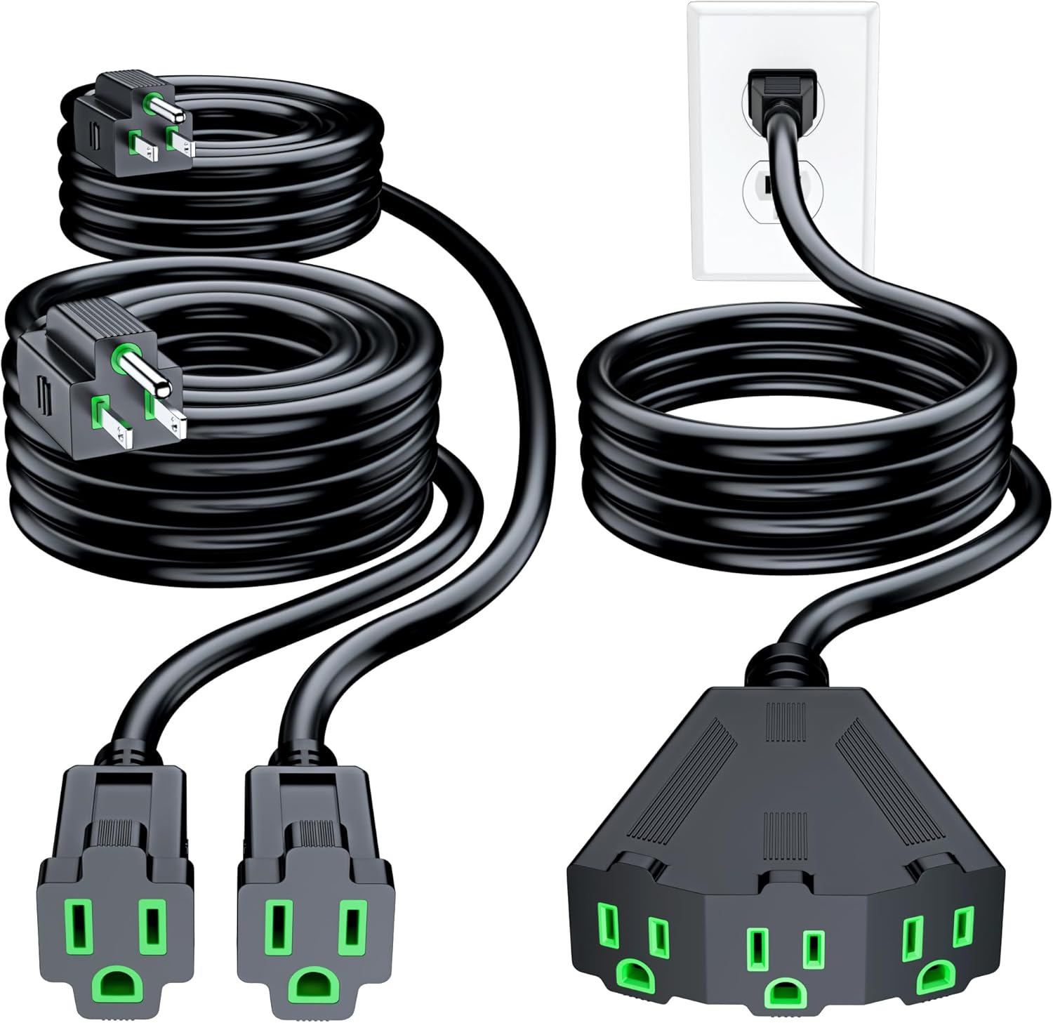 Maximm Extension Cord Combo 3 Pack - 6ft 10/3 Multi Outlet & 25ft 16/3 Single Outlet Heavy Duty 3 Prong Power Cord, ETL Listed - Black with Green Indicators