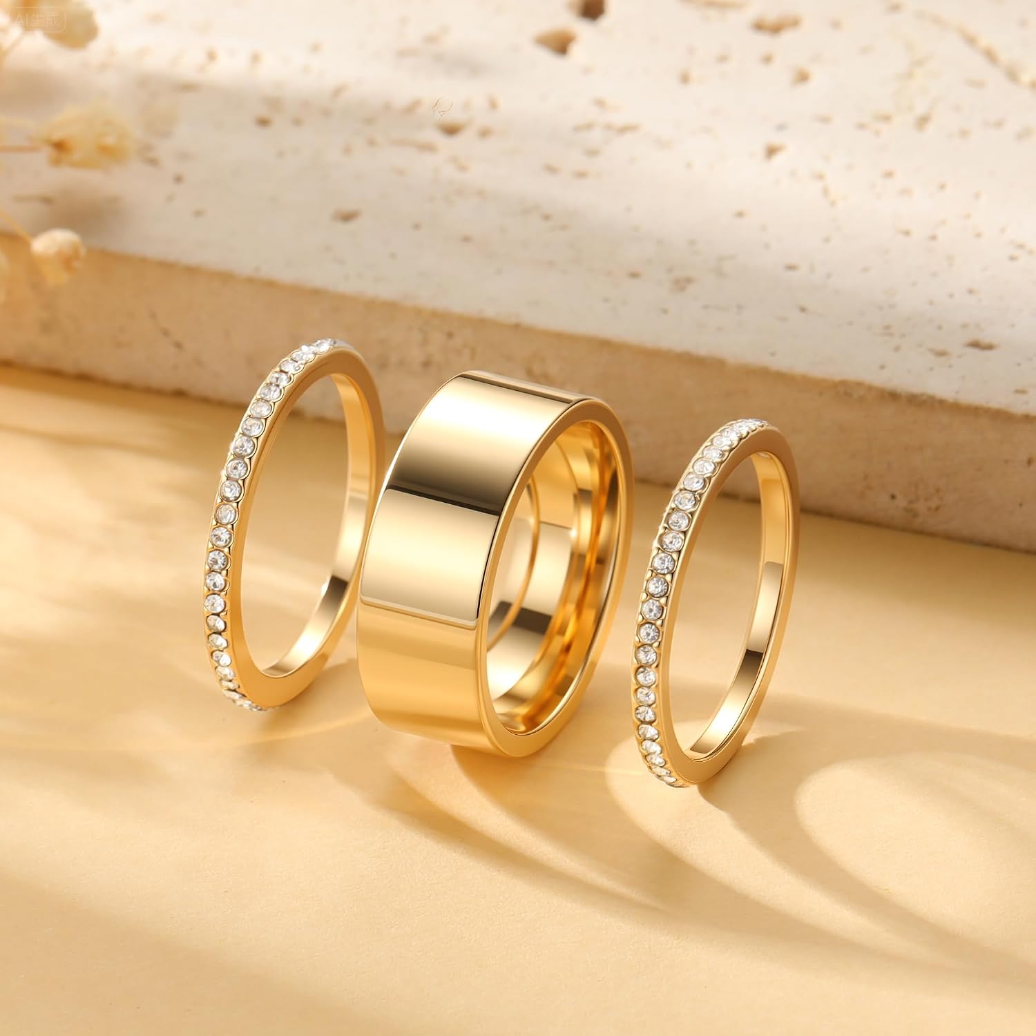 Trendy 3-Pack Stackable Rings for Women - 18K Gold Plated Cubic Zirconia Simulated Diamond Oura Stack Rings for Women Size 6-10