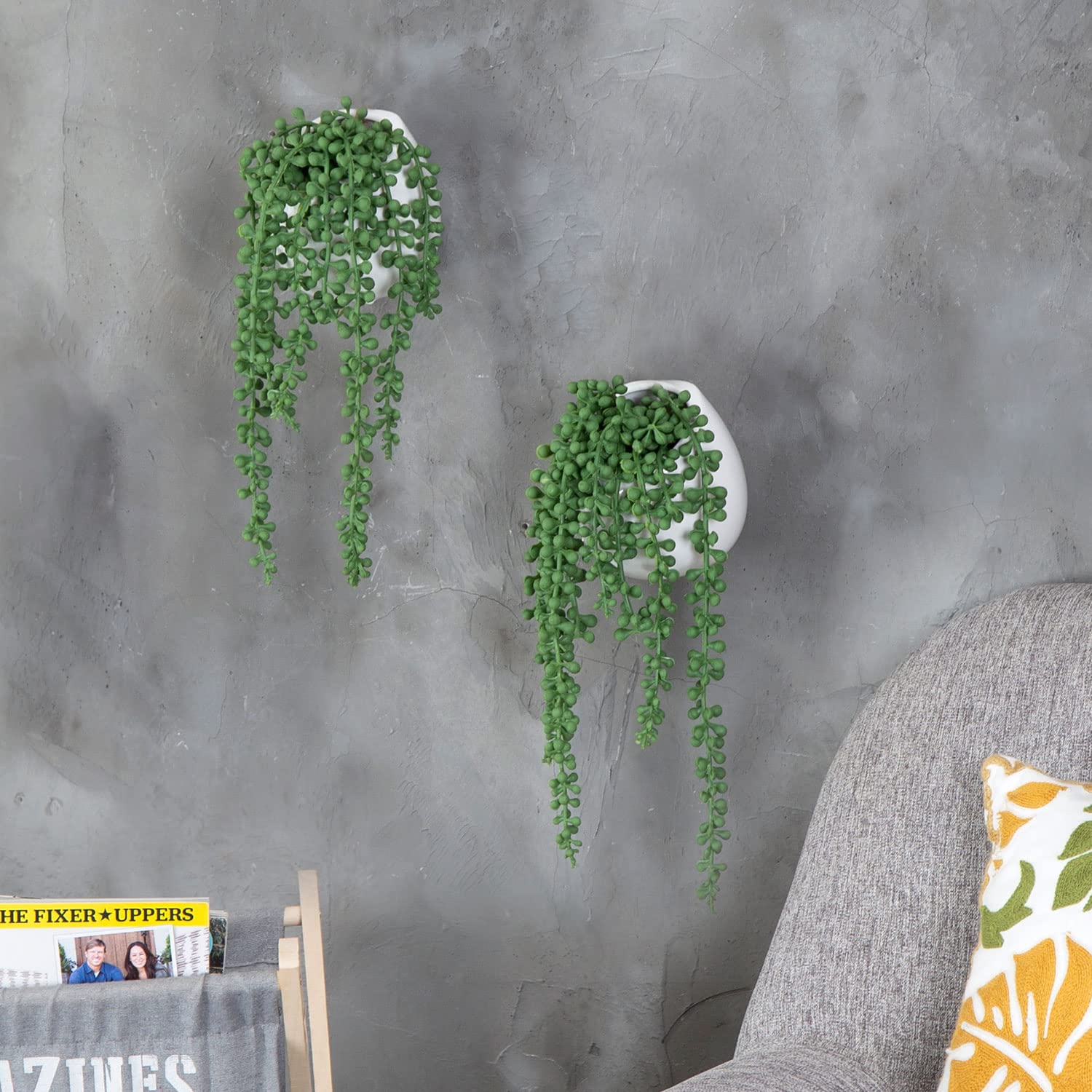 MyGift 6-inch White Ceramic Wall Planter Vase - Hanging or Desktop Succulent Plant String of Pearls Cactus Indoor Pots, Set of 2