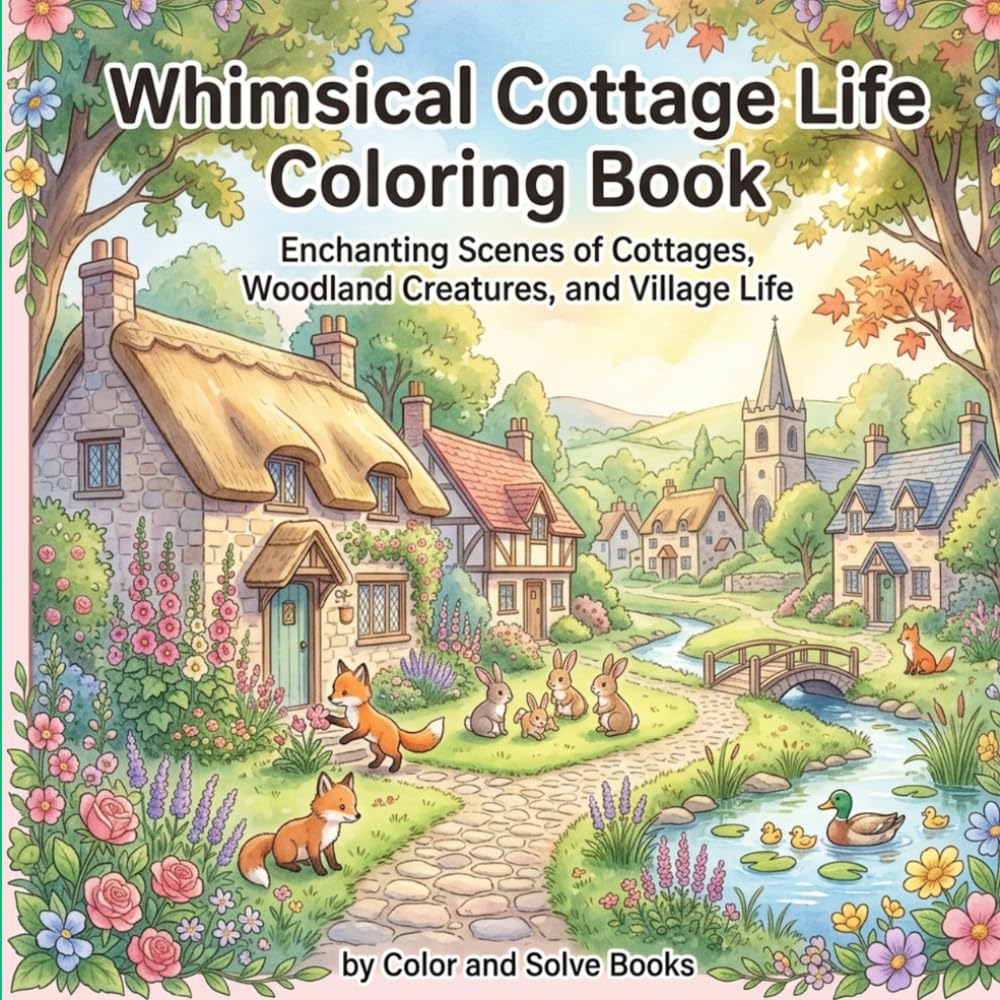 Whimsical Cottage Life Coloring Book: Enchanting Scenes of Cottages, Woodland Creatures, and Village Life
