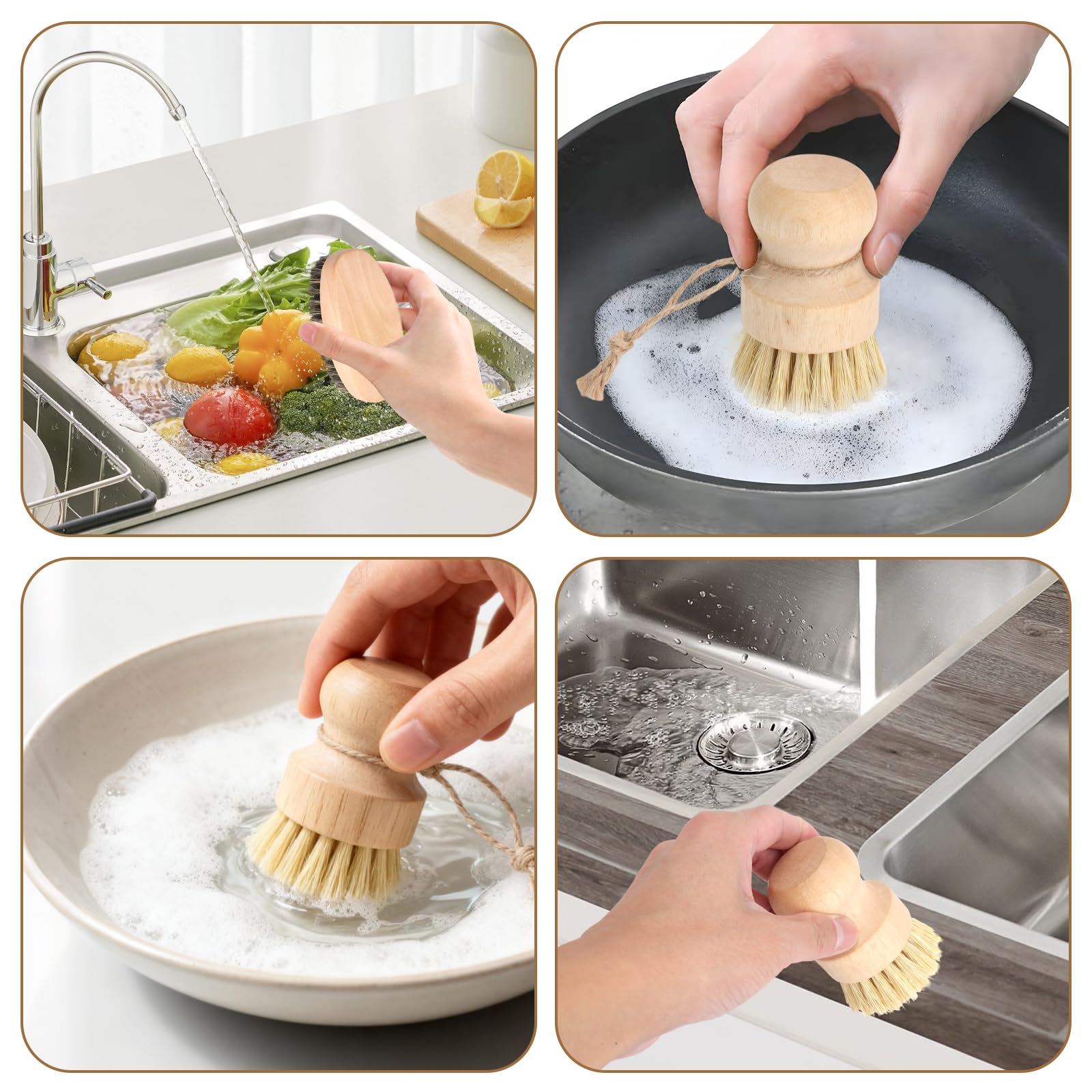 Lot de 2 Brosses de Cuisine en Bois Naturel, Brosse à Légumes et Brosse à Casseroles Antimoisissure