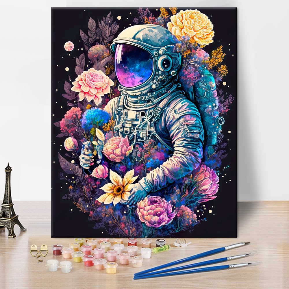 Astronaut Paint by Number for Adults, Floral of and Planets Design Oil Painting Paint by Numbers, Colorful World Paint by Numbers for Adults Beginner Oil Painting Canvas Wall Art 16"x20" Frameless