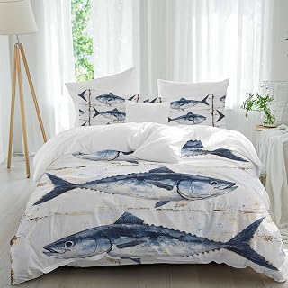 Marine Life Twin Size Comforter Set, Vintage Blue Tuna Oil Painting Wood Texture Soft Bedding for All Seasons, 4 Pcs Bed Set with 1 Comforter (68"x86") ,1Sheet(66"x116"), 2 Pillowcases (19"x29")