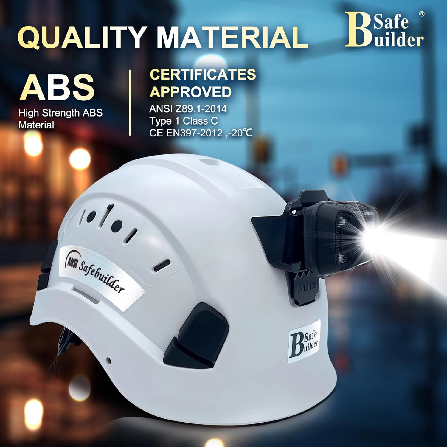 SAFEBUILDER Safety Hard Hats with Build in Headlight Lightweight Breathable Vented Safety Helmet with Headlamp for Construction Industrial Outdoor Work Head Protection ANSI Approved