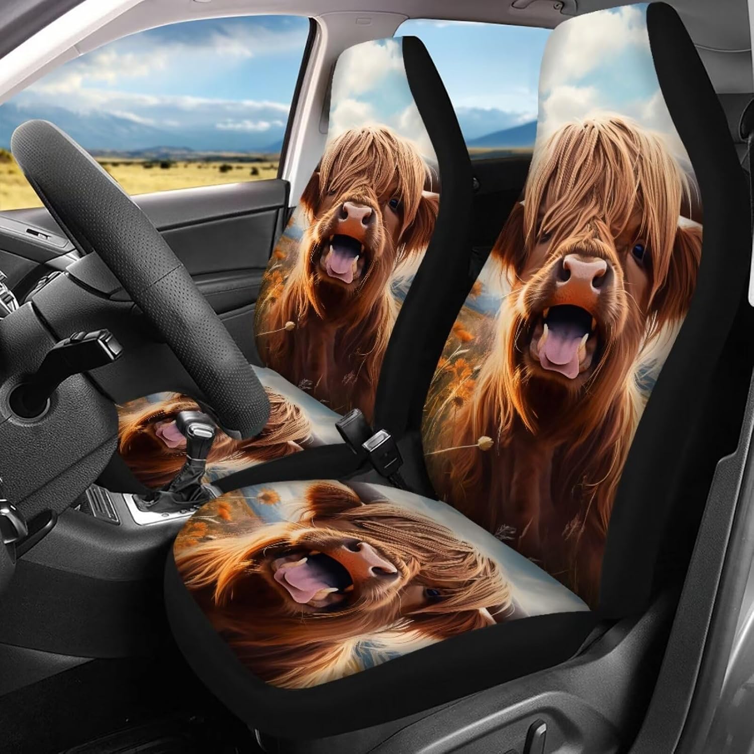 Funny Smiling Highland Cow Car Seat Covers for Trucks Van SUV Easy to Install Elastic Universal Fit Auto Front and Back Bench Seat Covers Car Seat Protector Cushion Brown Cute Car Accessories
