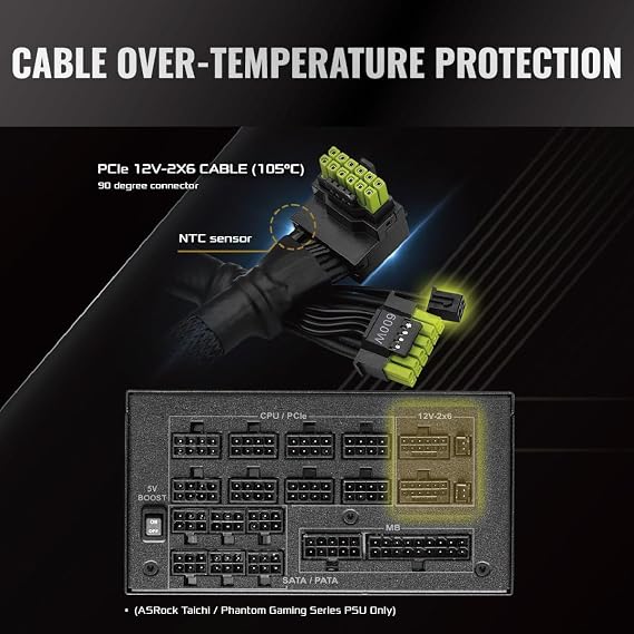 ASRock 12V-2x6 600W Power Cable | ATX 3.1 & PCIe 5.1 Compliant | L-Shaped GPU Connector | 16AWG HCS Terminals | for 750W+ ASRock Taichi/Phantom Gaming PSUs