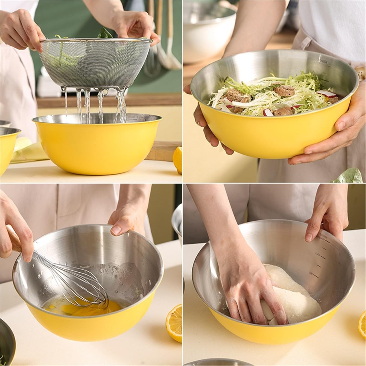 Stainless Steel Mixing Bowl 304 Stainless Steel Salad Mixing Bowl Sets Kitchen Egg Dough Stirring Basin Fruit Vegetable Storage Bowls Salad Mixing Bowl Set(3Pcs Beige)