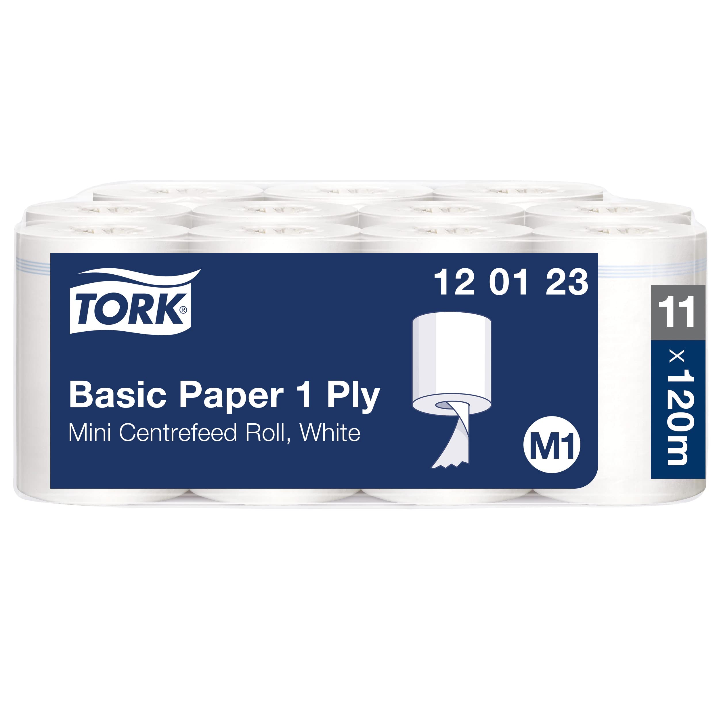Tork Papier d'Essuyage Basic pour Distributeur à Dévidage Central blanc M1, Bobine d'Essuyageéconomique, 11 x 120 m, 120123