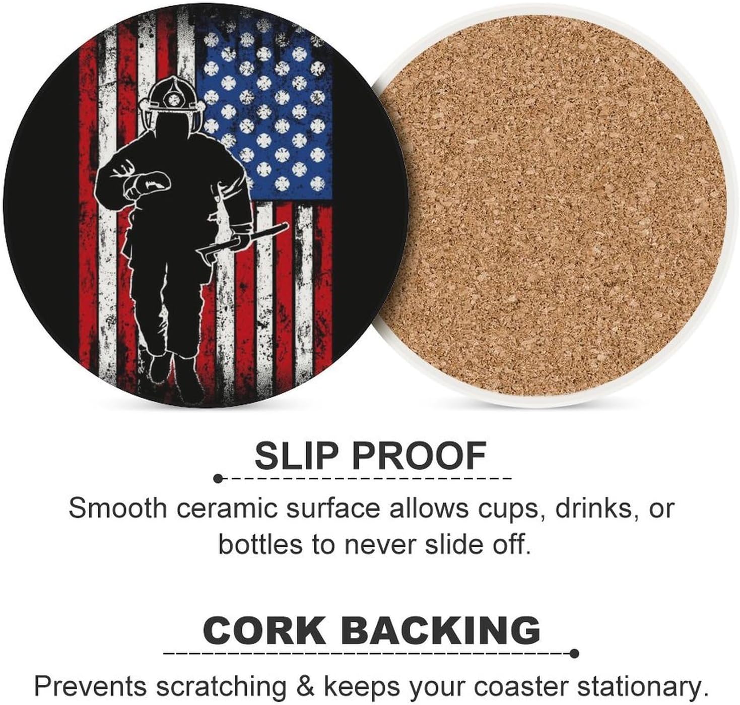 Firefighter U.S. Flag Funny Round Ceramic Coasters for Drink Absorbent Cup Holders Tabletop Protection