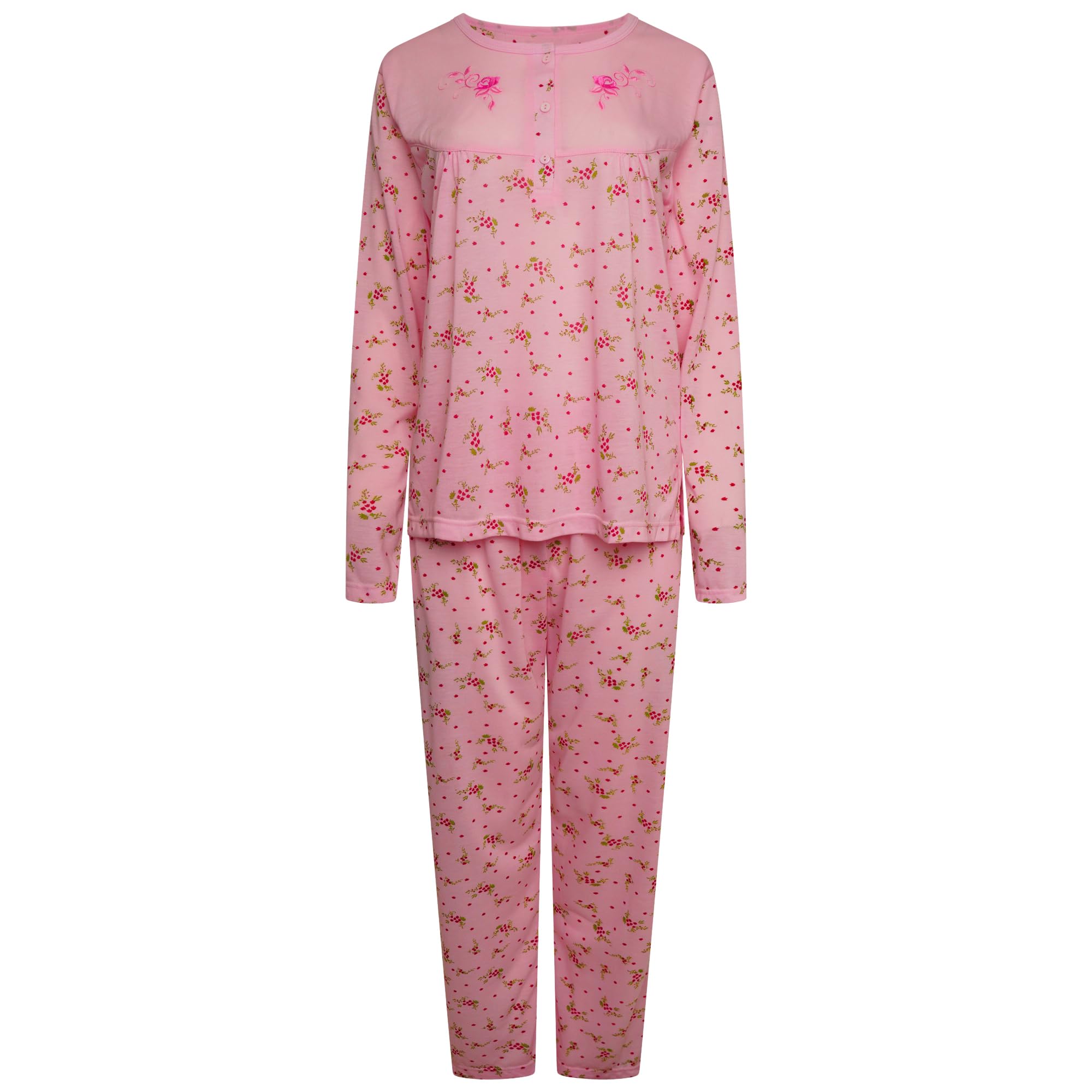 Nikaro Ladies Cotton Rich Daisy Print Button Tunic Long Sleeved Pyjama Set (L) Light Pink