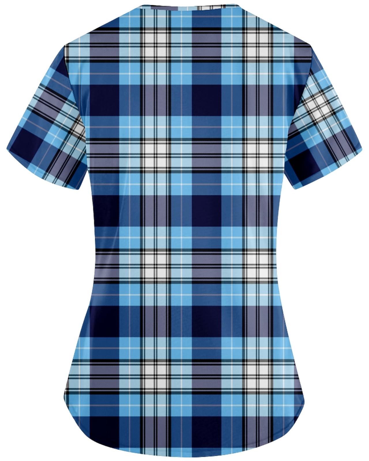 AMOMA Women's V-Neck Checkered Argyle Plaid Print Nurse Tops Short Sleeve Scrub Shirts with Two Pockets(2XL,BlueWhitePlaid)