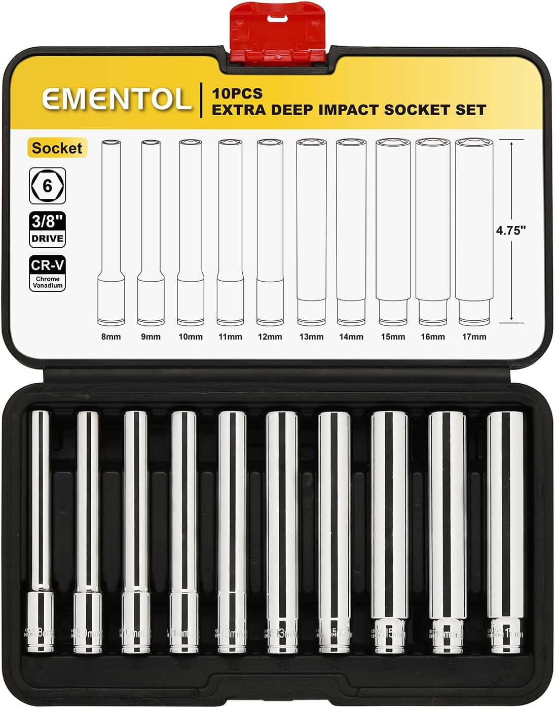 EMENTOL 10PCS 3/8-Inch Drive Metric Deep Socket Set, 8-17MM Deep Sockets, Extra Long, 6-point, Cr-V Steel