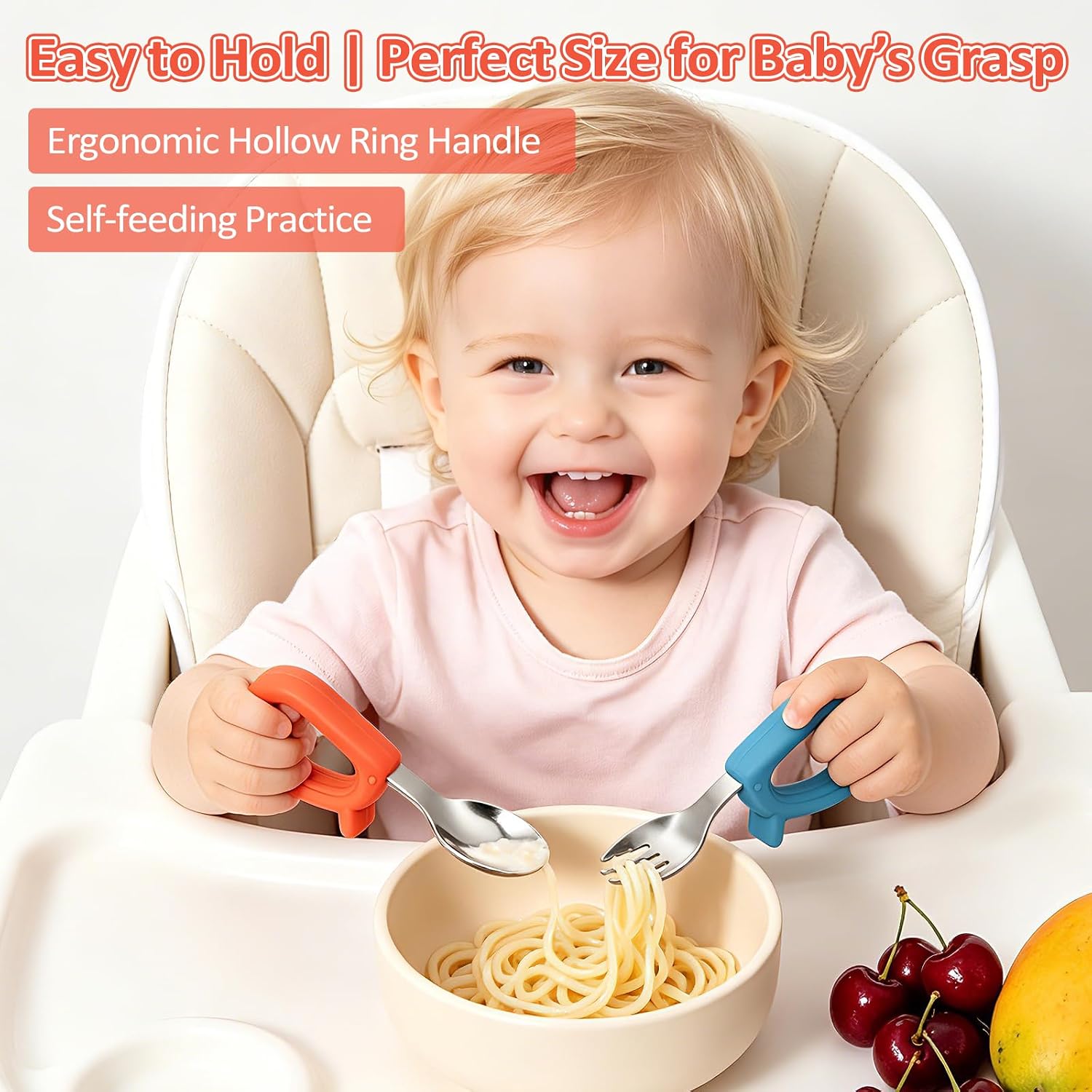 Toddler Utensils Set, 4PCS Stainless Steel Forks & Spoon with Silicone Handle, Self Feeding Training Baby Spoons, BPA-Free Anti-Choke, with 2 PCS Portable Travel Cases, Dishwasher Safe