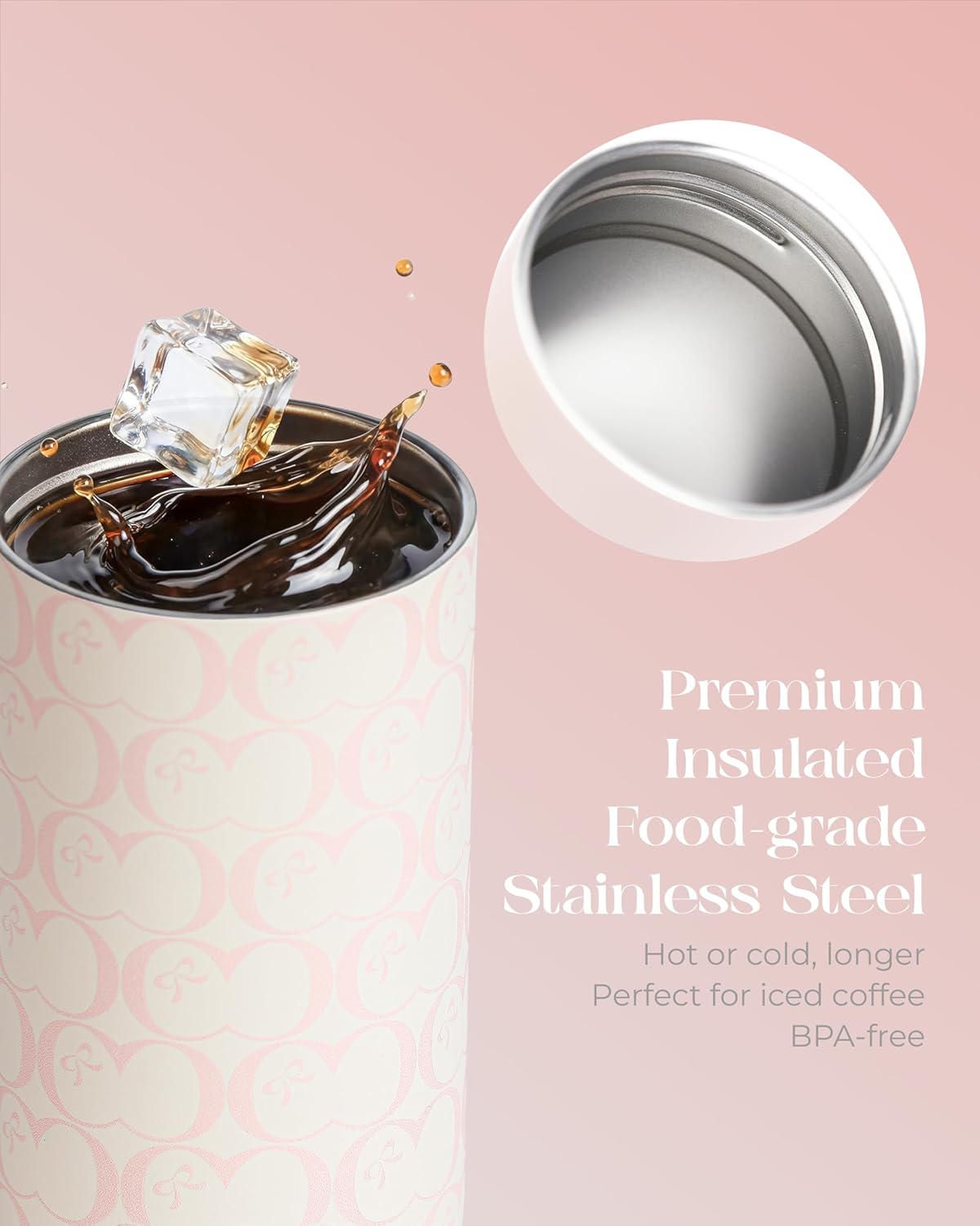 15 oz Stainless Steel Coffee Tumbler with Twist-Open Lid, Insulated Travel Mug for Iced Coffee Cold Brew and Warm Beverages, Leakproof, BPA-Free, Cup Holder Friendly, Bow Charm, Blush Pink
