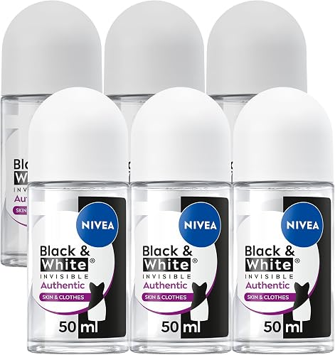 NIVEA Black & White Invisible Authentic Anti-Perspirant Deodorant Roll-on, 72H Protection, Anti-Stain, Floral Fruity Fragrance 50mlx6