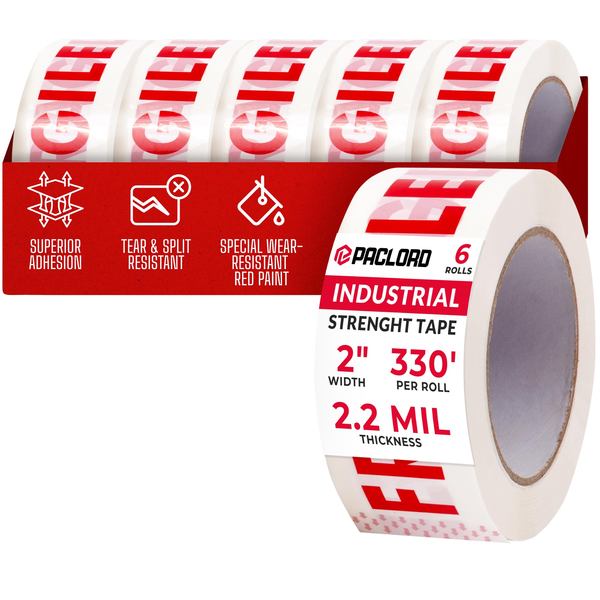 Cinta de embalaje transparente de 2 pulgadas x 110 yardas, 2.2 mil de grosor, paquete de 6, rojo y blanco, rollos de repuesto de cinta de embalaje impresa resistente con adherencia superior
