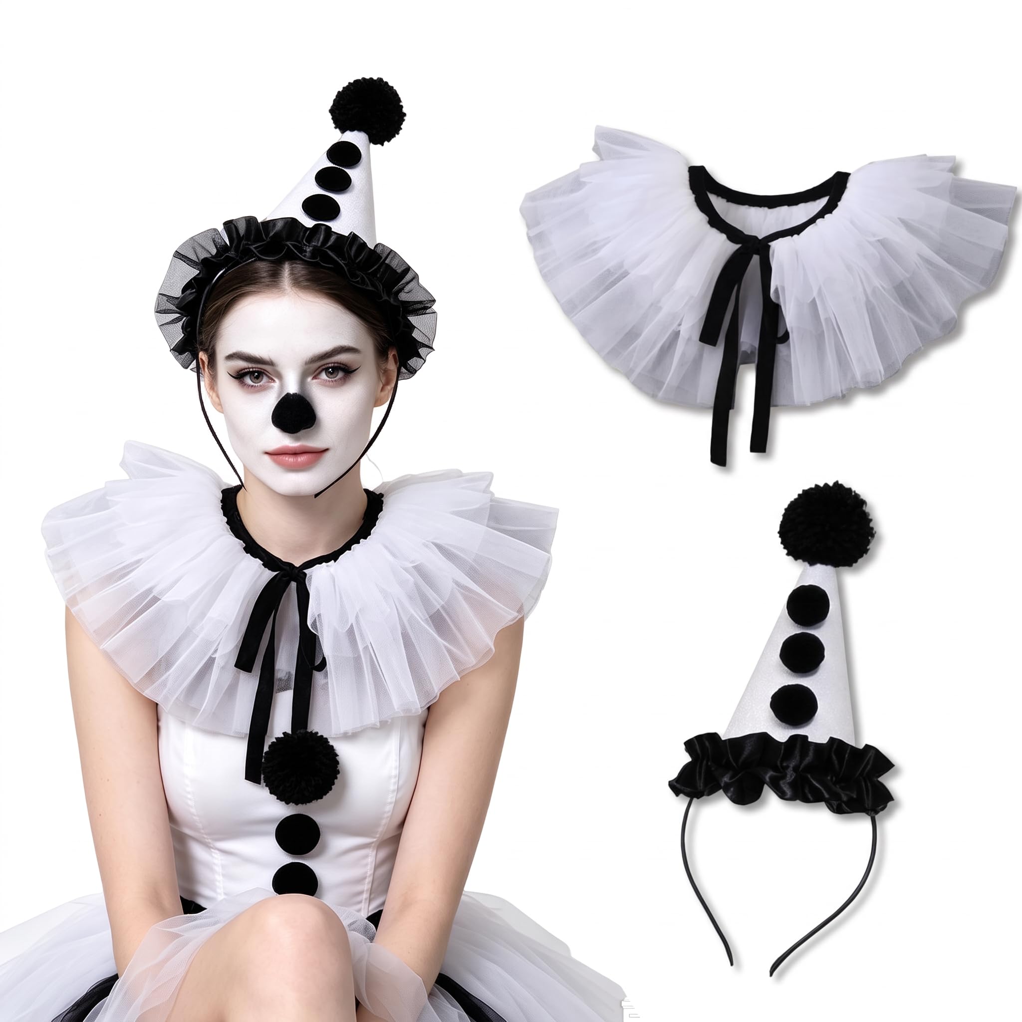 FYKTIK 2 Piece Clown Costume Women Accessories Set, Clown Hat Headband and Neck Ruffle Collar, Halloween Fancy Dress Accessories for Carnival, Christmas, Cosplay and Fancy Dress Parties, White-B — image 1