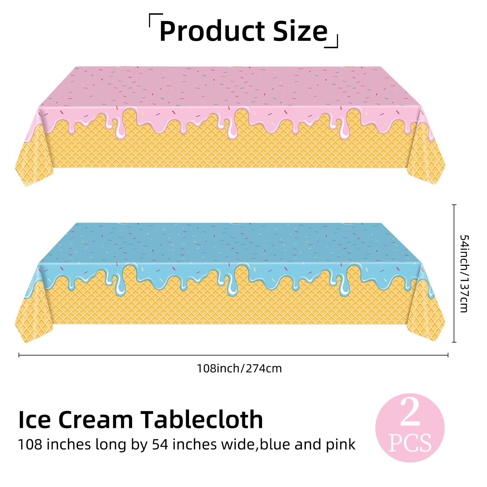Paquete de 2 manteles de decoración de fiesta de helado, suministros de fiesta temática de helado, manteles rectangulares de 137 x 274 cm para cumpleaños de niñas, baby shower, fiestas
