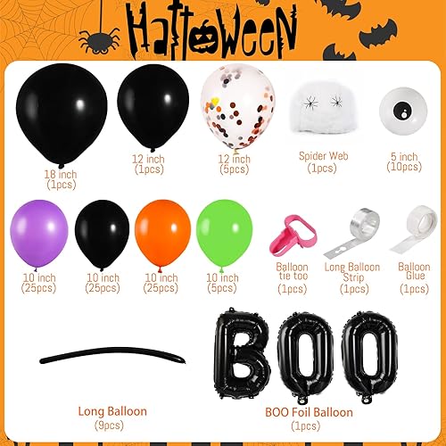 Miniatura 3 de Juego de guirnalda de globos de Halloween de 114 piezas para fiestas, globos de 5, 10, 12 y 18 pulgadas para decoraciones de Halloween al aire