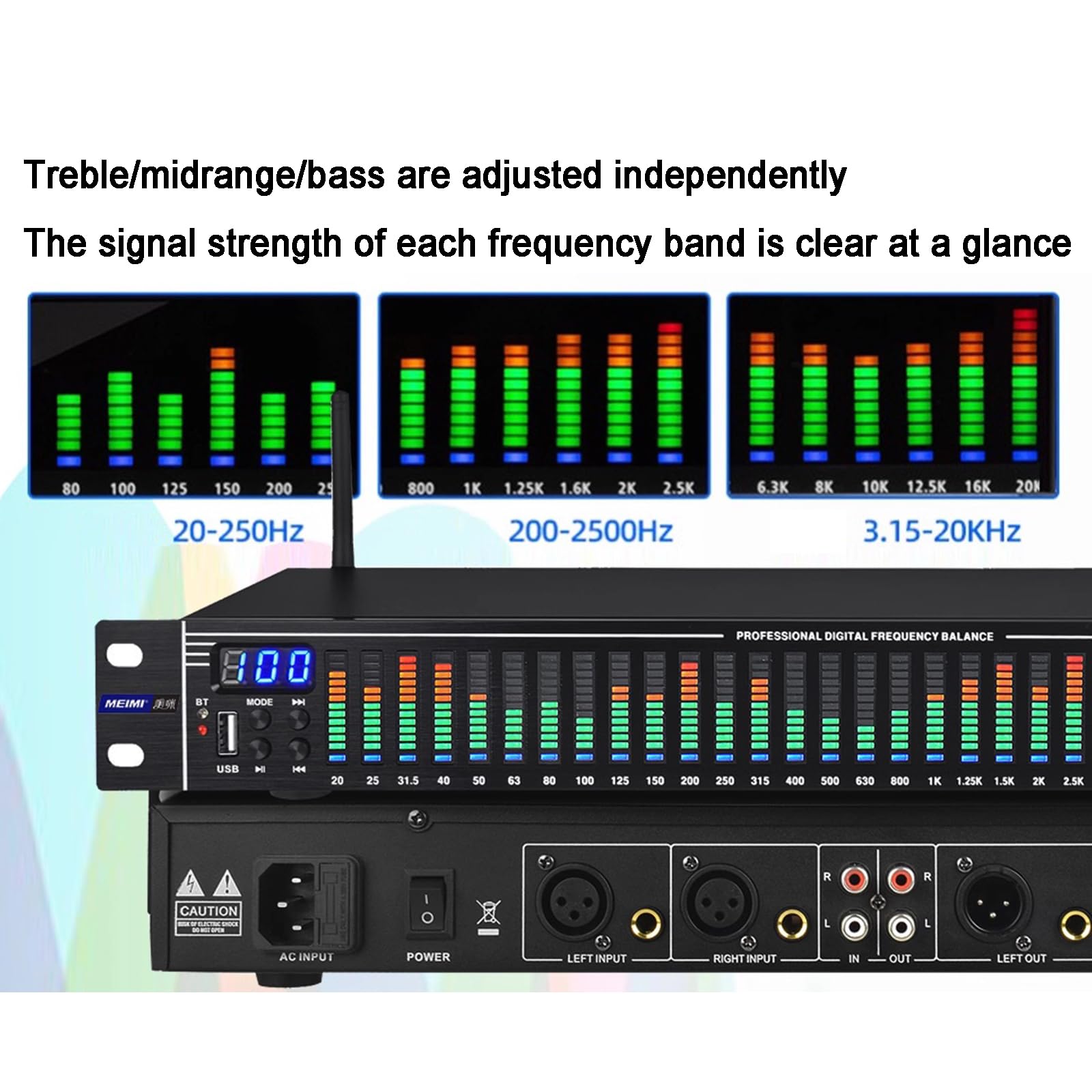 Equalizzatore Grafico Stereo a 31 Bande, Equalizzatore Audio Digitale, con Display a Spettro LED, 10 Effetti Preimpostati, Riduzione del Rumore, Regolazione Bassi/Medi/Alti