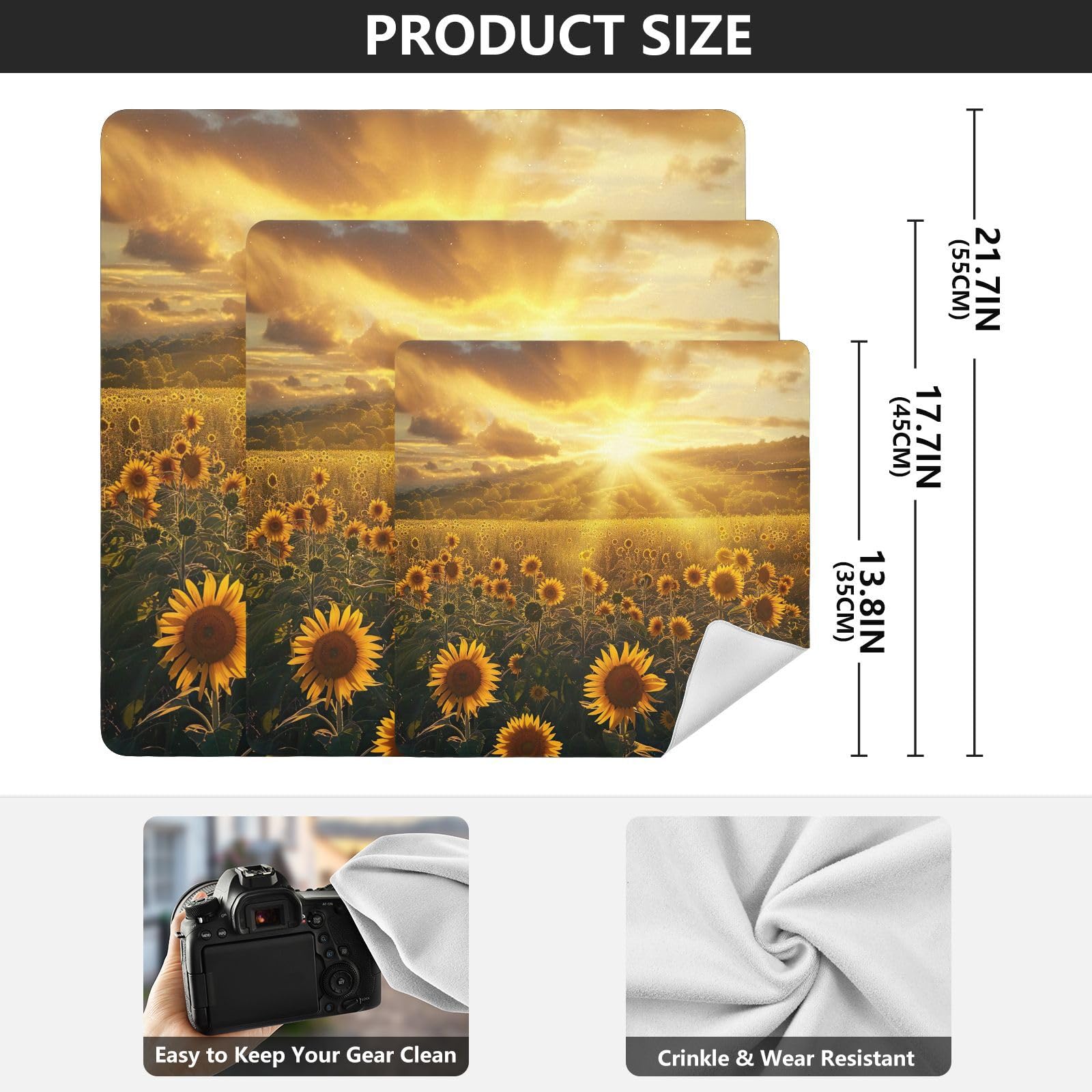 ODAWA Camera Storage Cloth 17.7 In, Sunflowers Under Golden Sunset Makeup Wrap Cloth Bag, Self Adhesive Wraps for Electronics