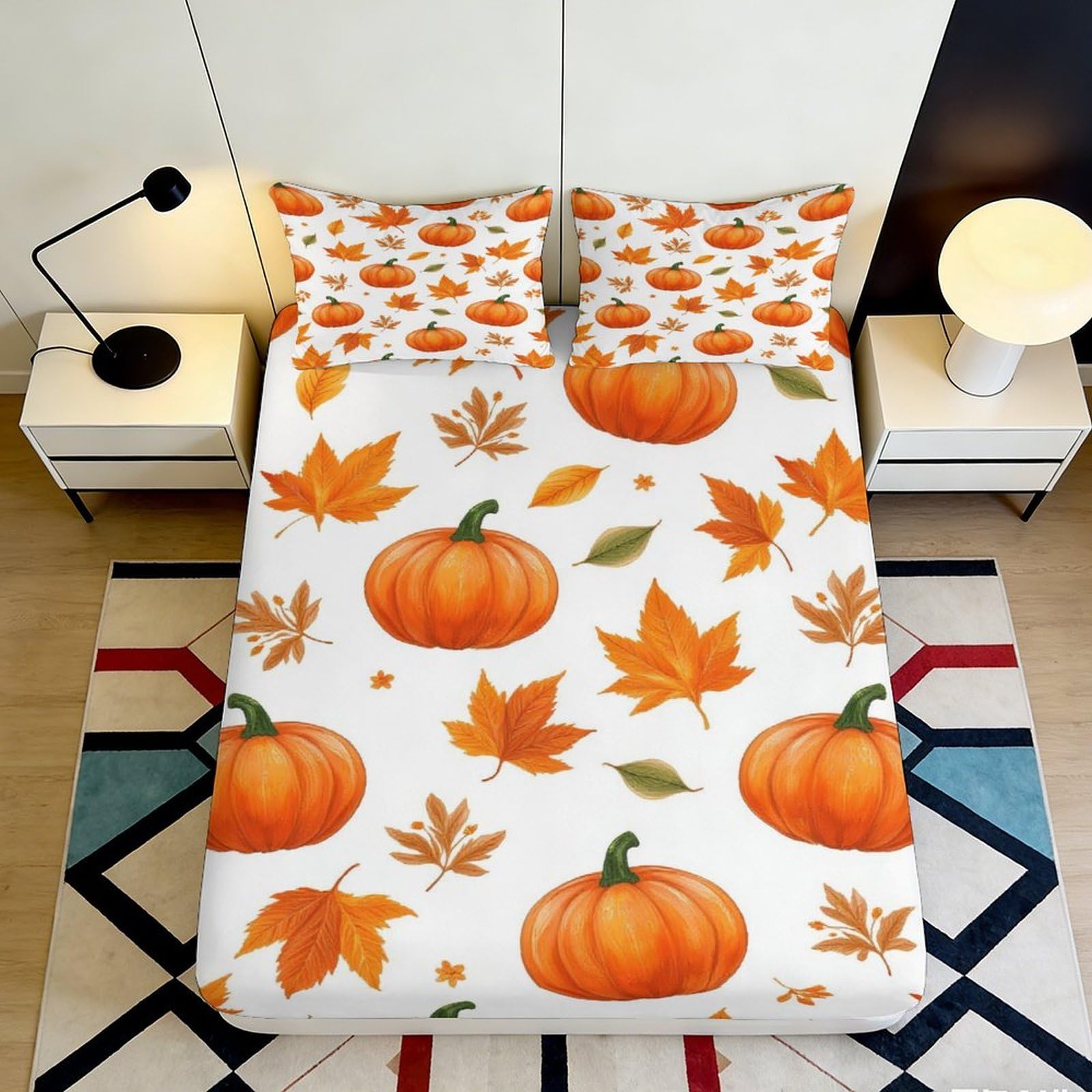 3D Printed Autumn Pumpkin Fitted Sheet Microfiber Soft Breathable Fall Leaves Bed Cover for Bedroom Dormitory Guest Room Mattress Protection Decor 200x200x25cm