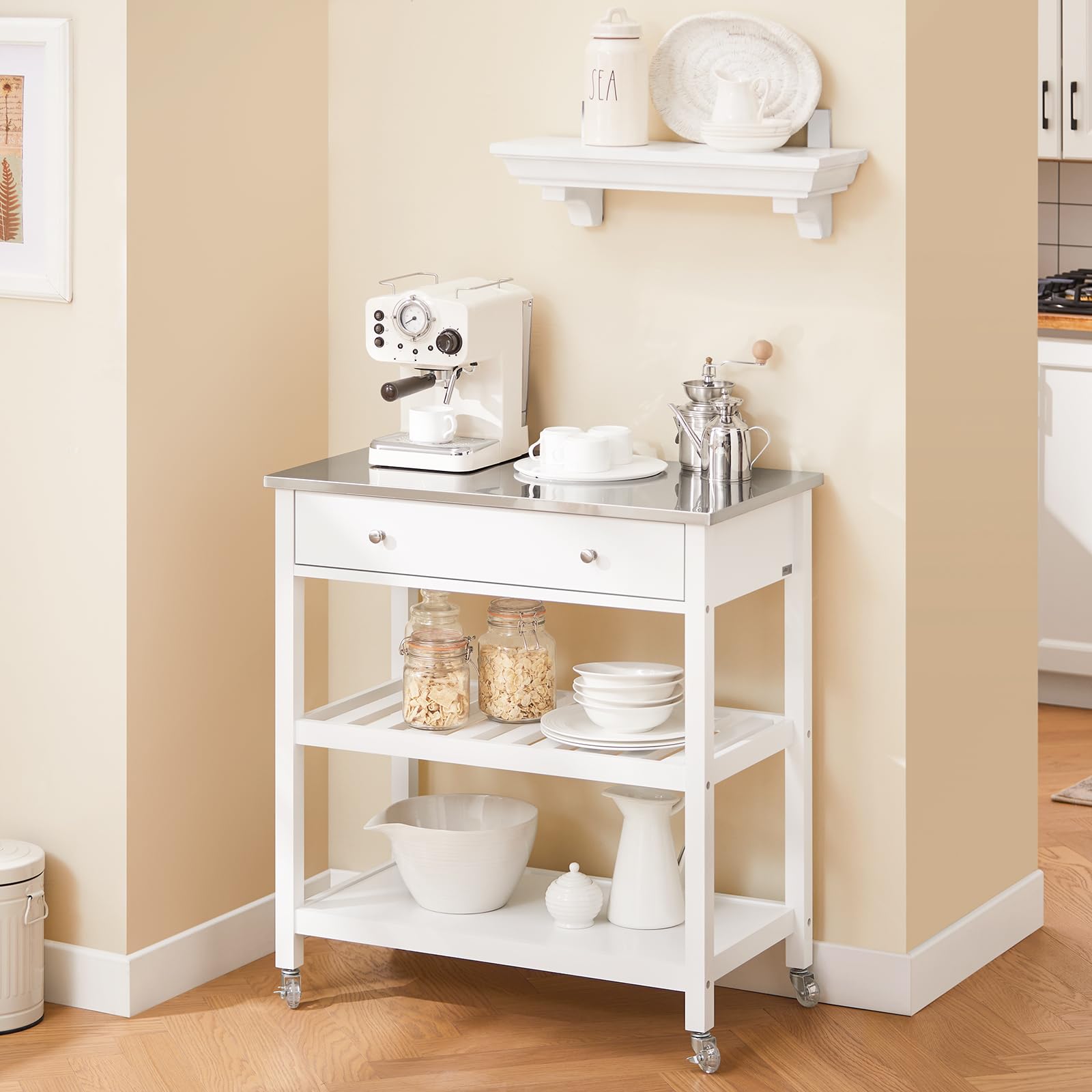 SoBuy Carrito de Cocina con Ruedas – Mesa Auxiliar con Encimera de Acero Inoxidable y Estantes Abiertos, Carrito de Servicio para Cocina, Hogar u Exterior, Blanco, 81x90x45cm FKW47-II-W