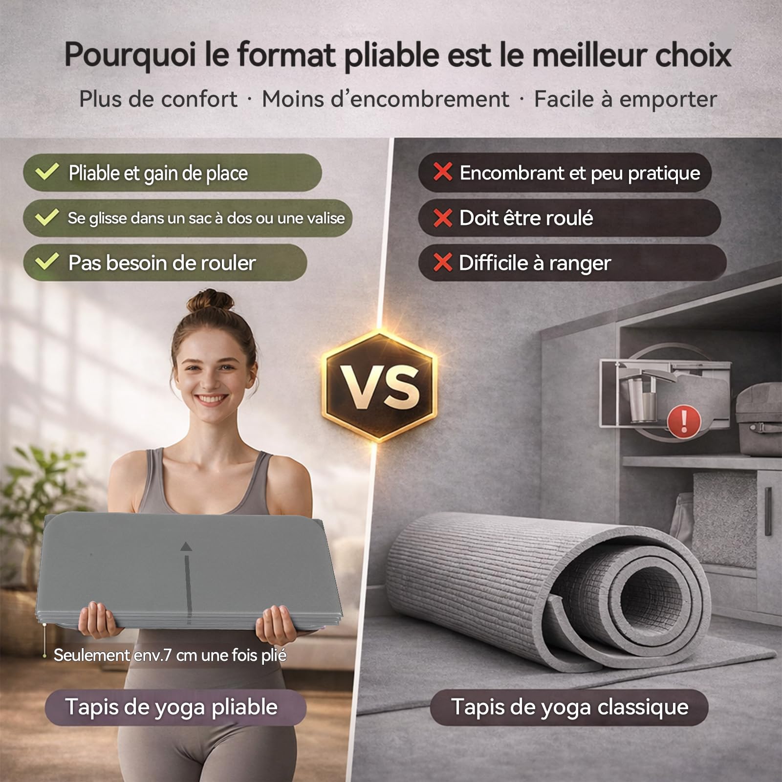 FunLife Tapis de Yoga Pliable XXL 190 × 66 cm – Épaisseur 10 mm, Tapis de Fitness et de Gym Antidérapant pour Yoga, Pilates, Entraînement à Domicile et Extérieur