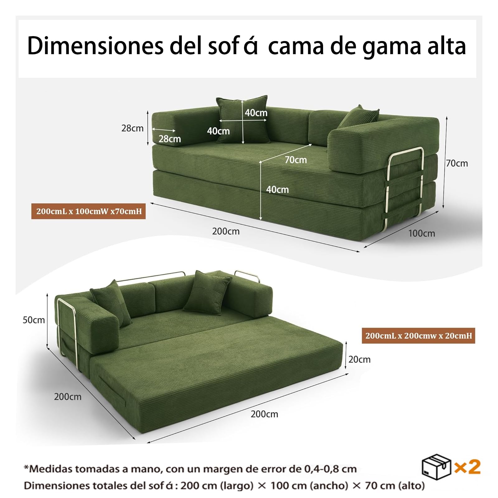 Vipbear 200cm Sofá Cama, Modular Desmontable Plegable 5 en 1,Confeccionado en Pana, Sofá Cama 3 Plazas Ideal para Espacios Reducidos, Verde | Convertible