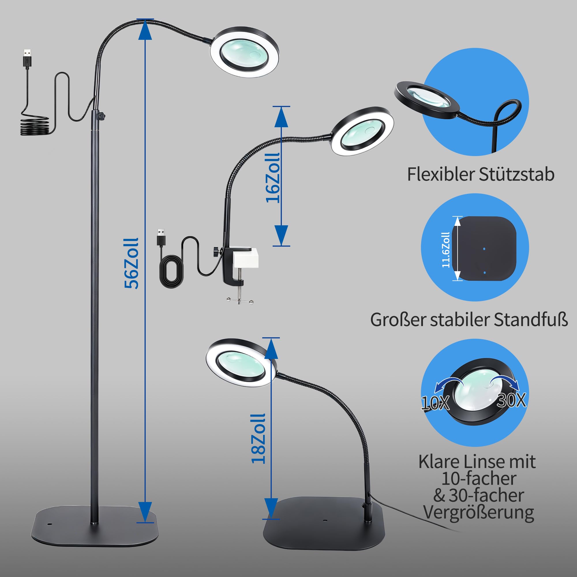 10x/30x LED Lupe mit Licht, Schwanenhals verstellbar, mit Klemme & Sockel für Hobby und Werkstatt