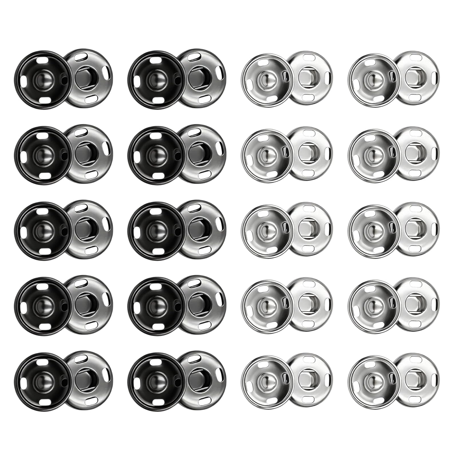 Metal Snap Fasteners 15mm – 20 Sets (40Pcs) Press Studs Poppers for Sewing, Clothing, DIY Crafts – Silver & Black Snap Buttons Kit
