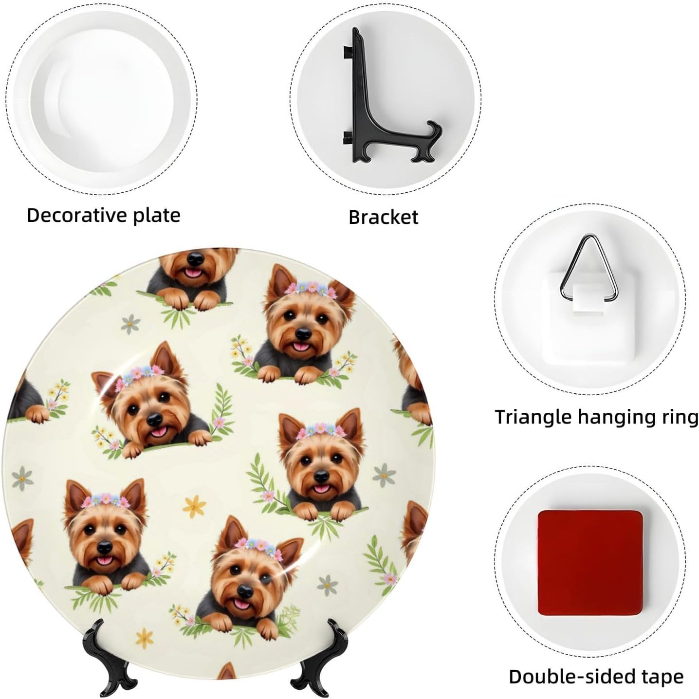 Yorkie Floral Style Ceramic Plate Display Decorative Plate With Stand Wall Hanging Plate For Home Decor 10 Inch