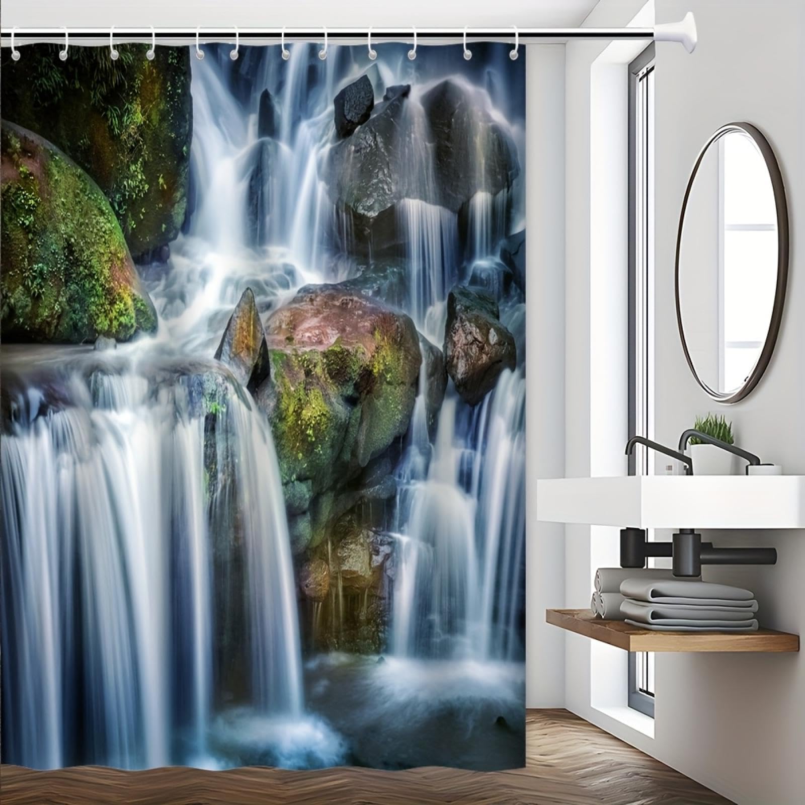 Rideau de douche cascade 140x203cm avec 12 crochets pour baignoire