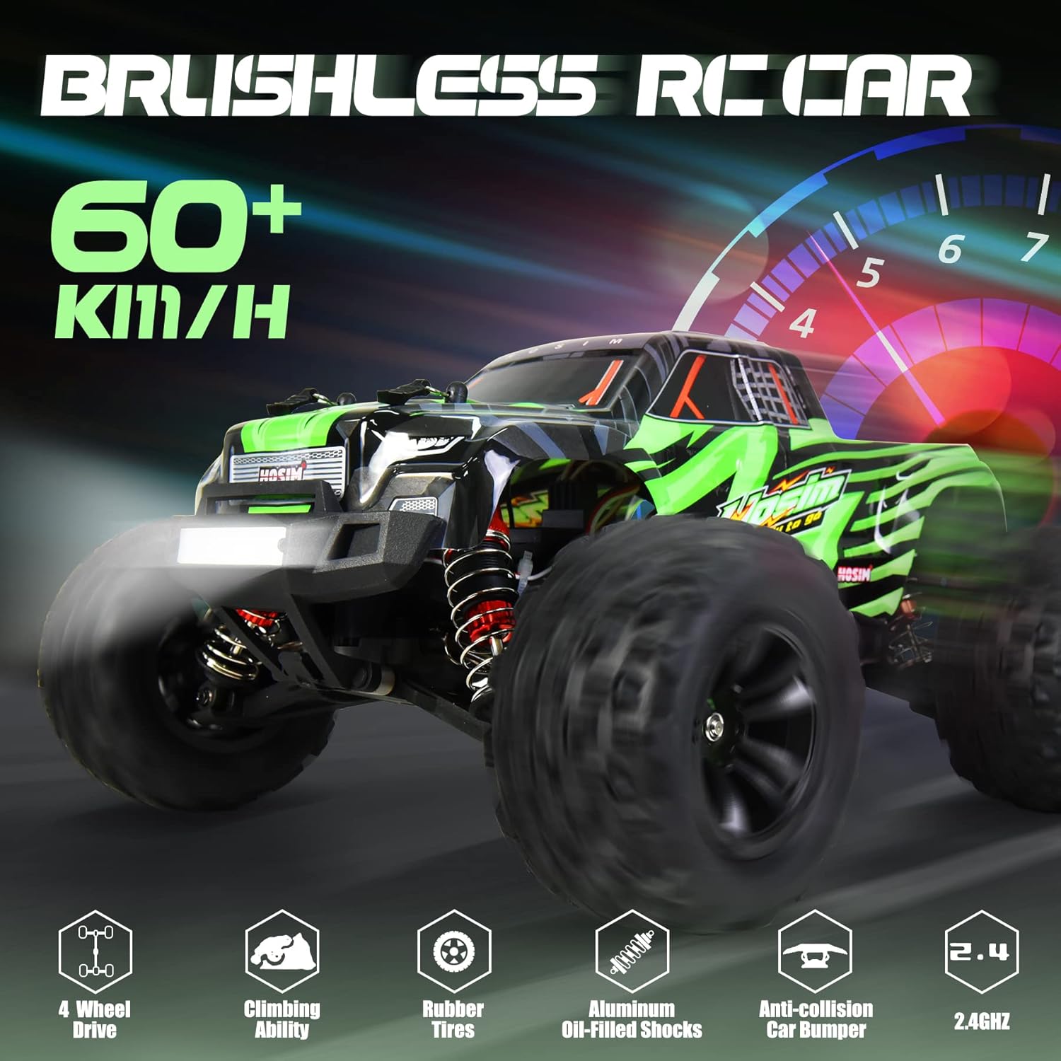 Hosim 1:16 60+KMH 4WD Brushless RC Car, Fast Remote Control Truck for Adults, Radio Cars Off-Road Waterproof Hobby Grade Toy Crawler Electric Vehicle Gift for Boys Children 2 Batteries 40+ Min Play : Toys & Games