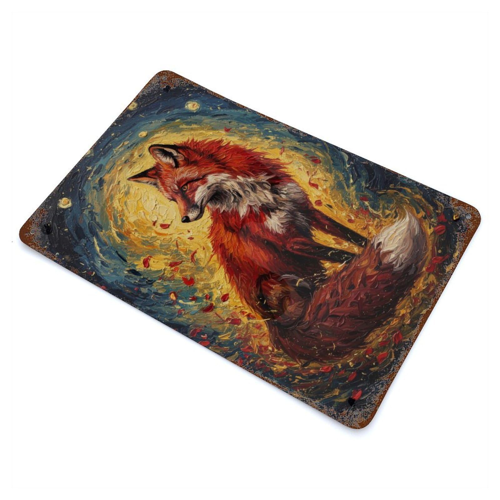 Fox in Starry Night Painting Retro Metal Sign 11.8"x7.9", Classic Wall Plaque for Garage, Pub Or Kitchen