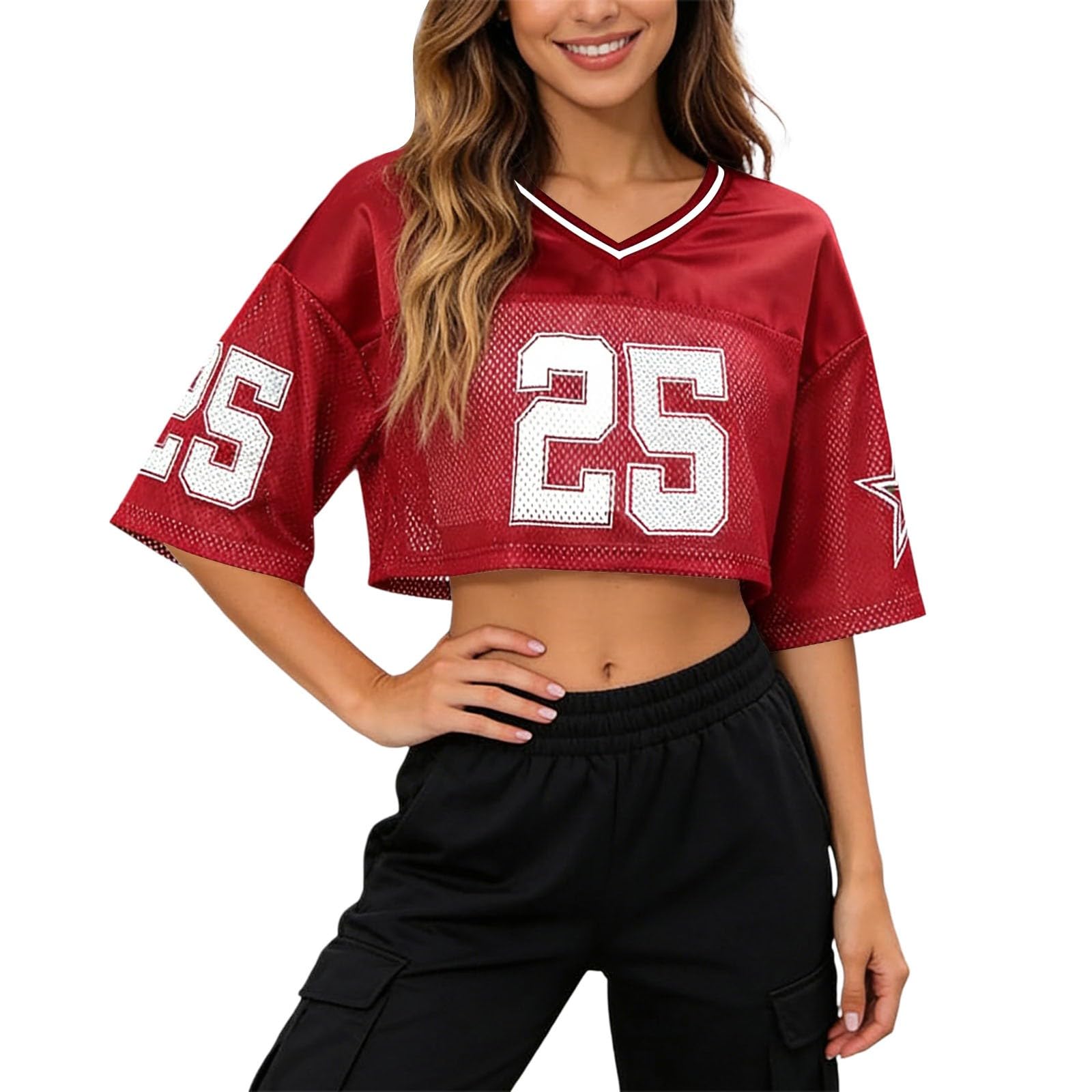Baseball Shirt Women's Y2K Basketball T-Shirt Short Sleeve V-Neck Number Print Shirt Loose Crop Top Sexy Crop Top Cheerleader Outfit Hip-Hop Style Streetwear, O Red, XL