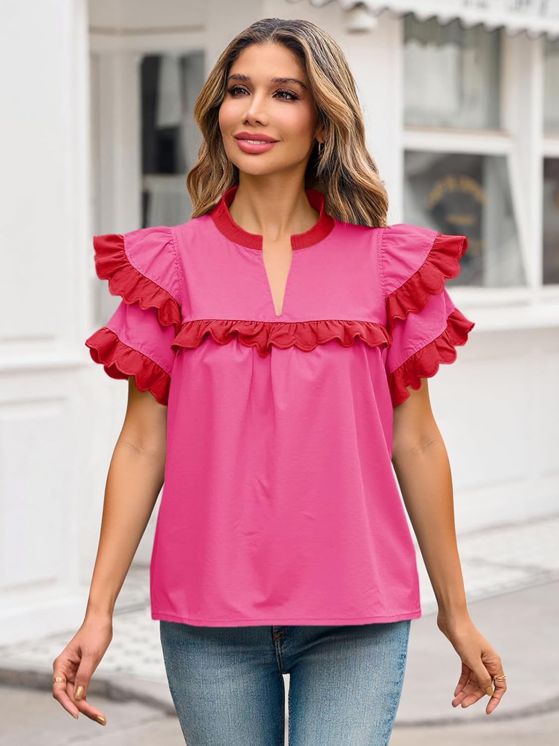 Tankaneo Womens Ruffle Sleeve Babydoll Tops Color Block Summer V Neck Pleated Blouse Dressy Casual Loose Fit Shirts - Image 3