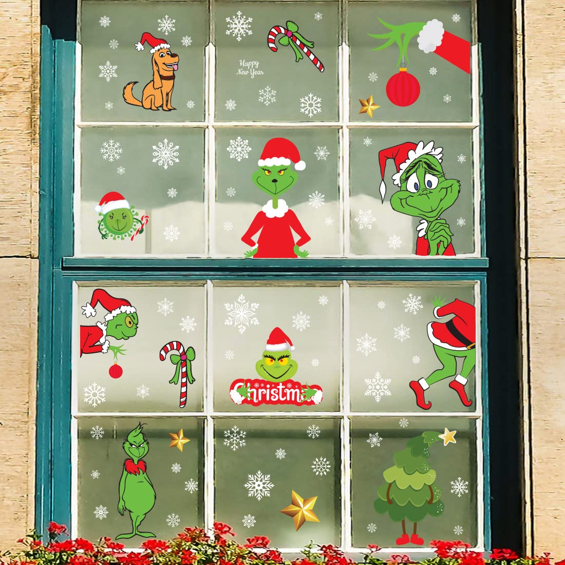 Grinch Türdeko Grinch Fensterbilder Weihnachten, 9 Blatt Doppelseitige Grinch Deko Weihnachts Winterdekoration Für Fenster