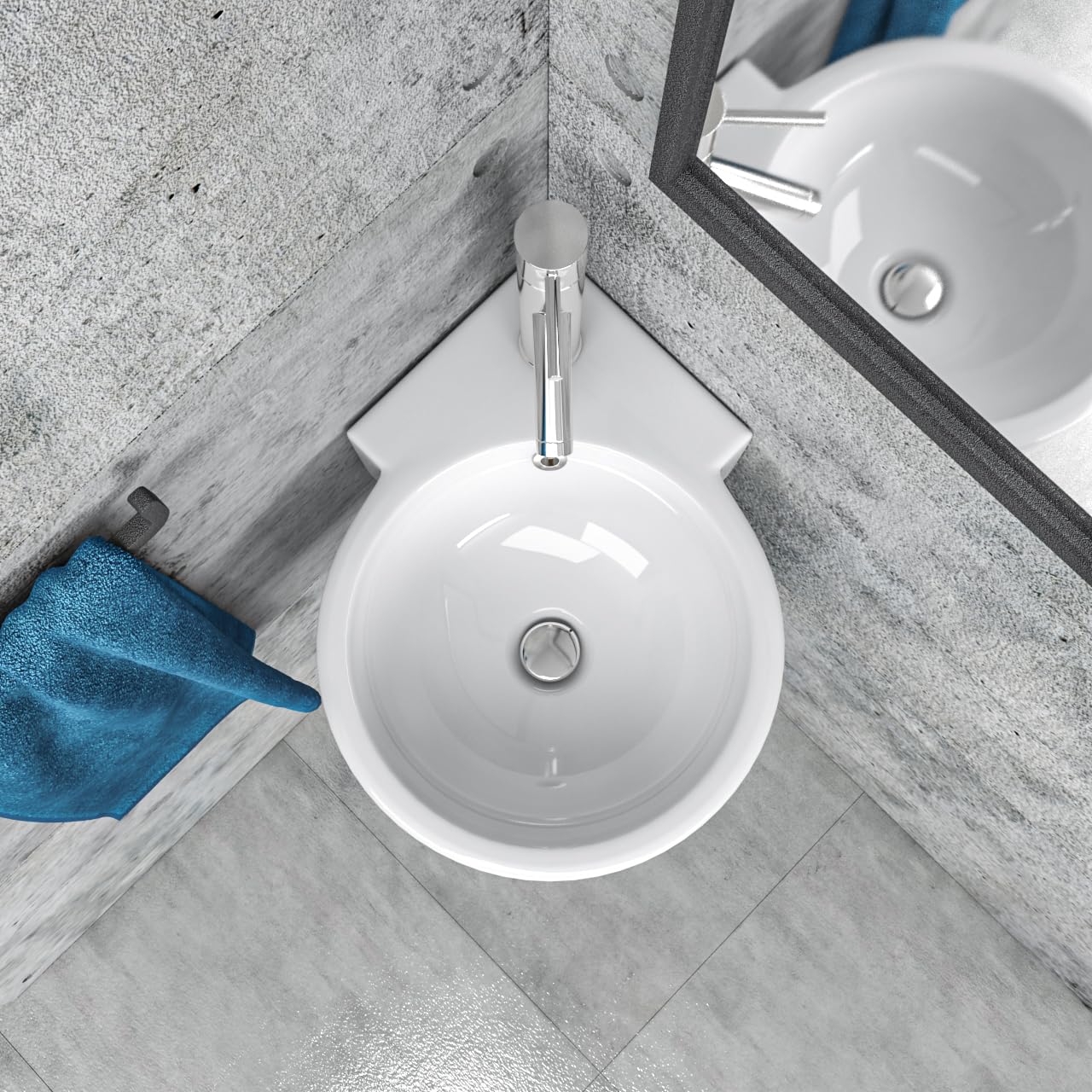 Design Eckwaschbecken Waschbecken Hängewaschbecken für Gäste WC rund weiss mit Überlauf