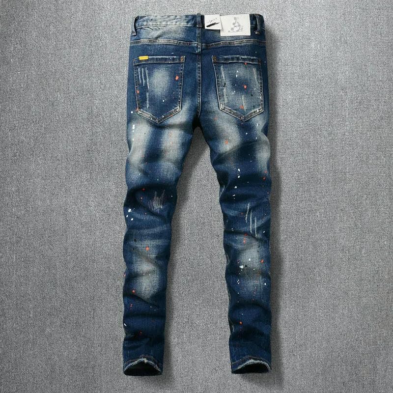 Mens Street Jeans Retro Blue Stretch Slim Fit Painted Ripped Jeans Men ​​Trousers Vintage Denim Pants2