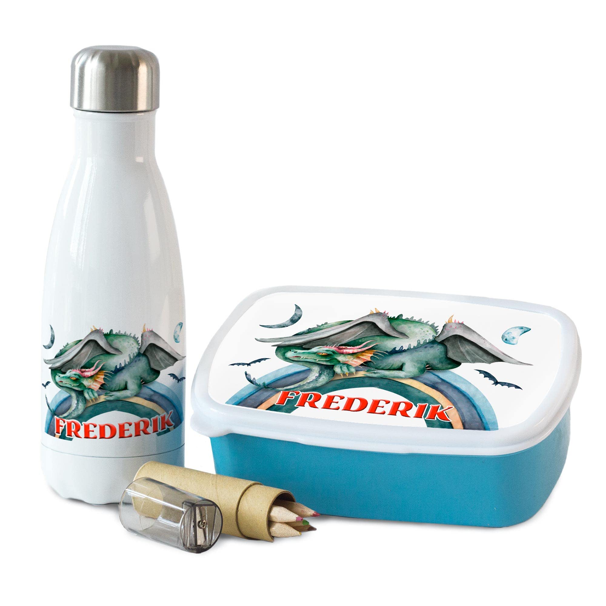 GRAZDesign Drachen Brotdose und Trinkflasche Set für Jungen personalisiert mit Namen aus Edelstahl 350ml | Geschenk zur Einschulung