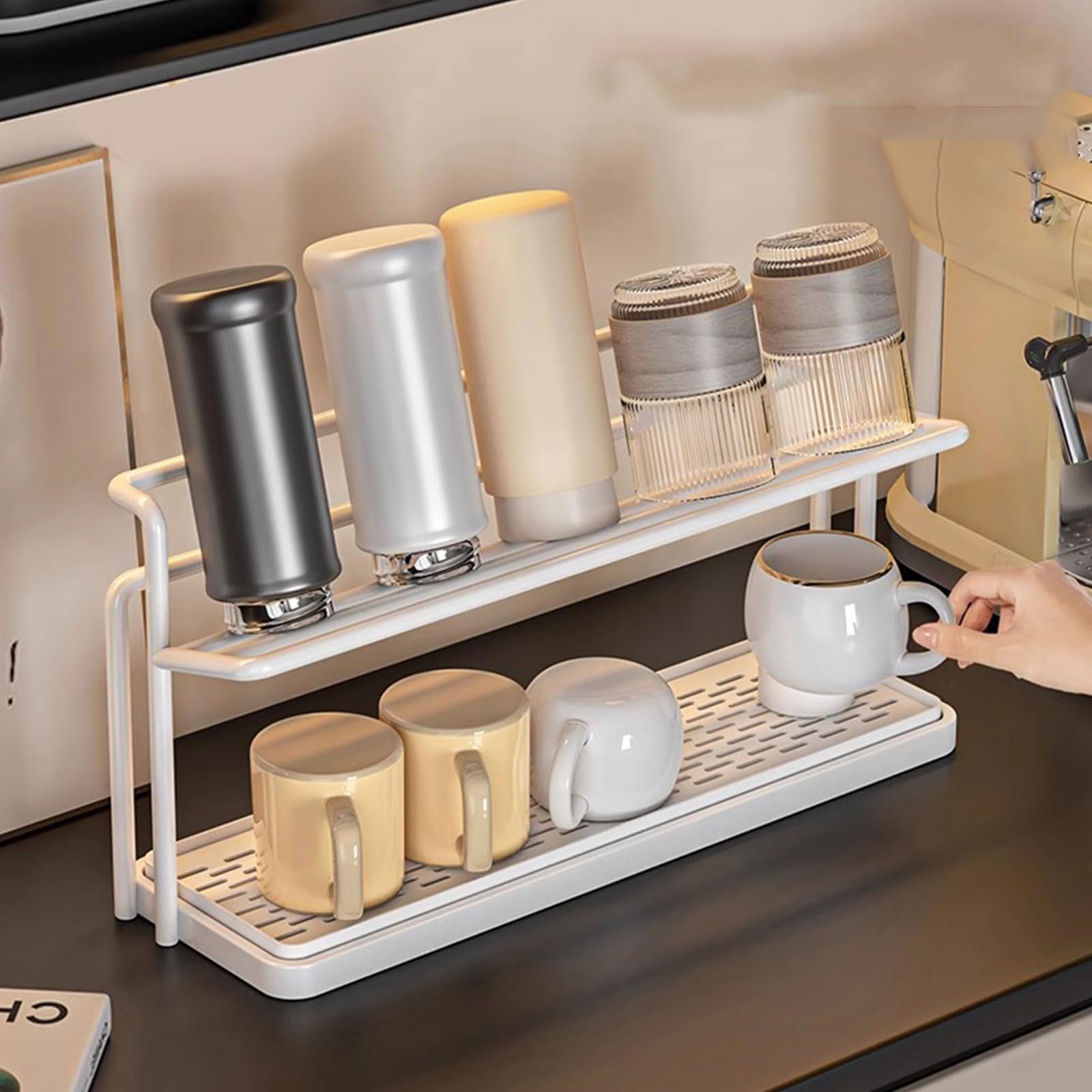 Tassenständer mit Abtropfschale, 2-stöckiges, schmales Eckregal für Kaffeetassen auf der Küchenarbeitsplatte – platzsparendes/offenes Design, Weiß，White