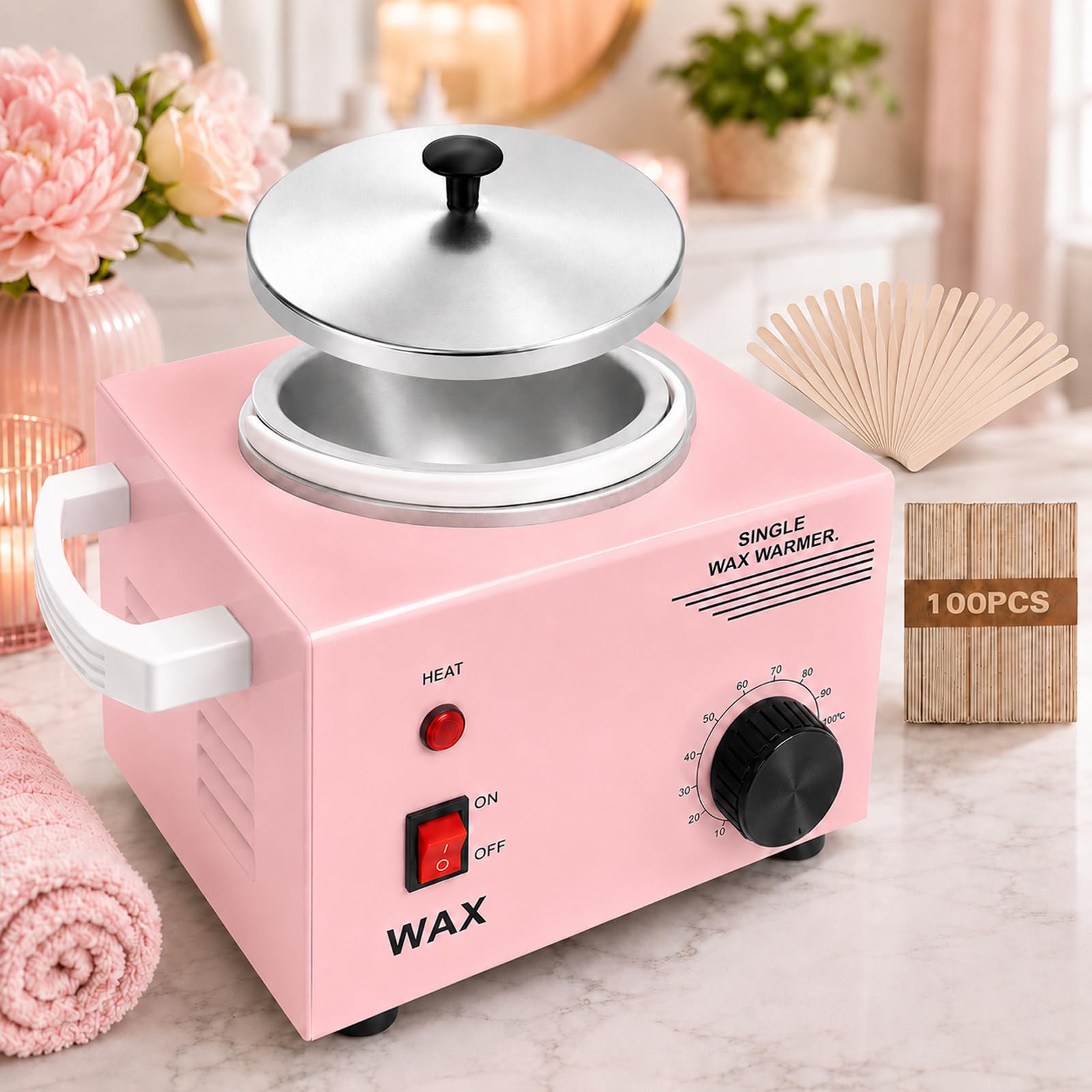 Scaldacera elettrico per depilazione del corpo, riscaldatore in alluminio con bastoncini di cera in legno, vaso singolo (rosa)