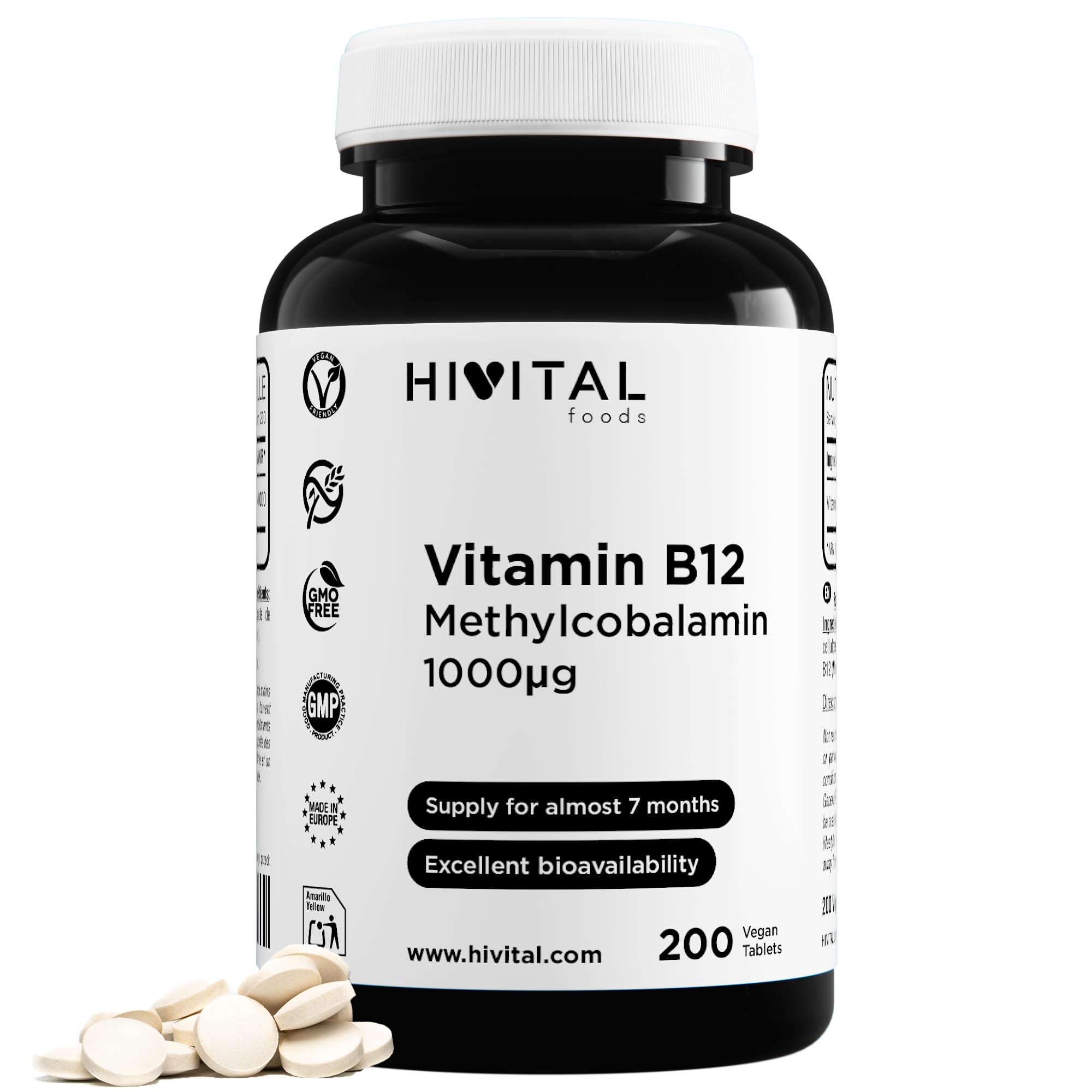 Vitamine B12 Méthylcobalamine 1000 mcg. 200 comprimés Vegan pour 6 mois.