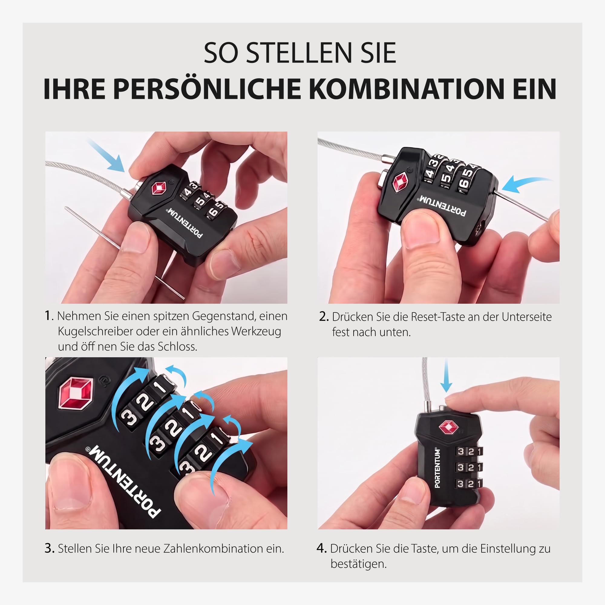 PORTENTUM TSA Kofferschloss zertifiziert mit 3-stelligem Code – 20er Pack – Kofferschloss für Flugreisen mit flexiblem Stahlseil und Namensanhänger – Reiseschloss für Koffer Taschen und Spinde